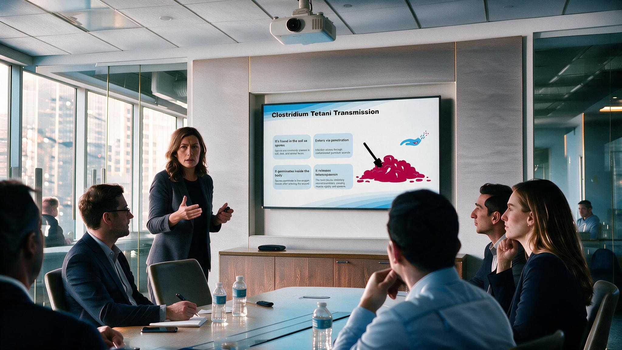 Overview of Bacteriology PowerPoint presentation displayed during a medical meeting illustrating Clostridium tetani transmission, spore contamination, wound entry, and toxin production.
