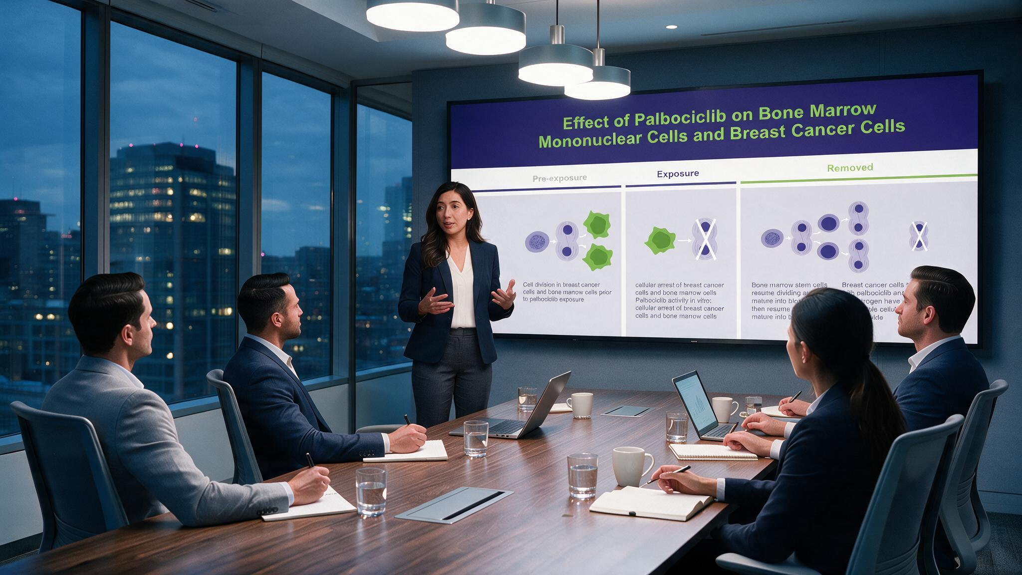 Palbociclib PowerPoint presentation displayed during a medical meeting illustrating the effects of palbociclib on bone marrow mononuclear cells and breast cancer cells before, during, and after exposure.