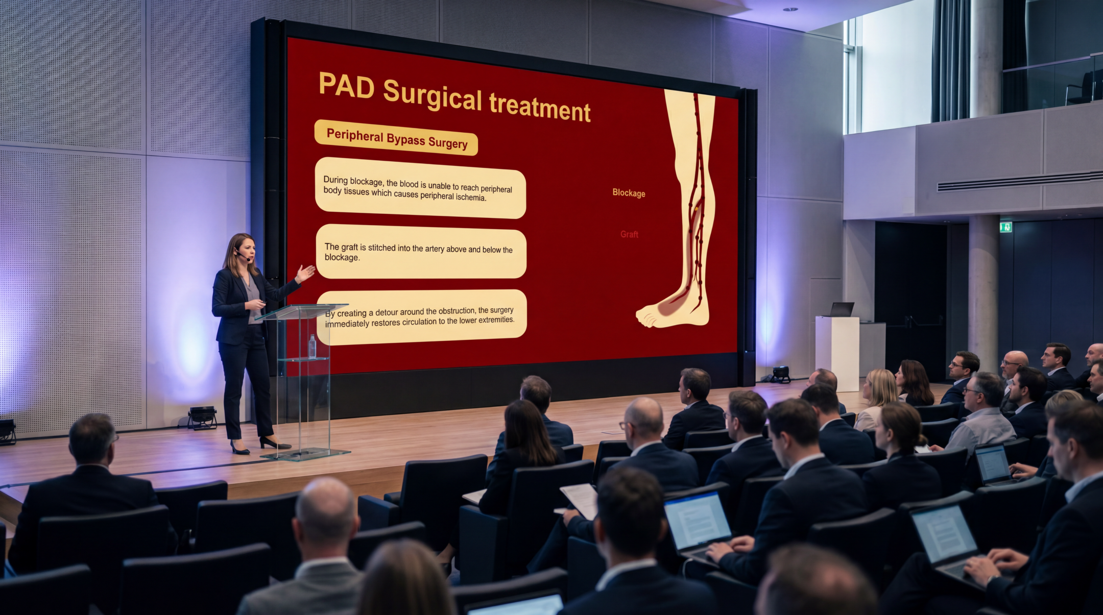 Medical presenter explaining peripheral arterial disease surgical treatment using an editable Peripheral Arterial Disease Overview Presentation Template during a healthcare conference.