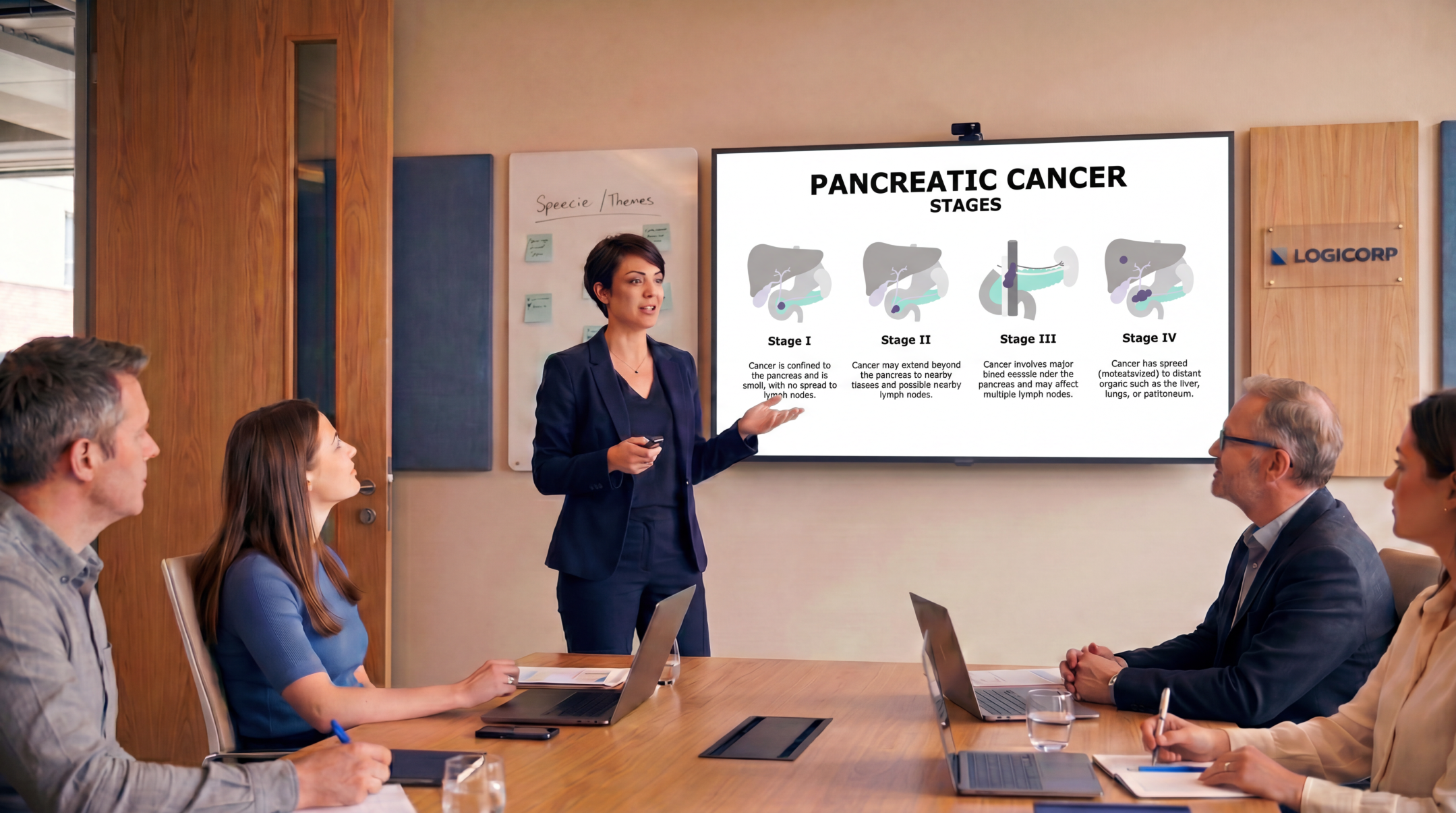 Healthcare professional presenting pancreatic cancer stages using an editable Pancreatic Cancer PowerPoint Template during a clinical team meeting.