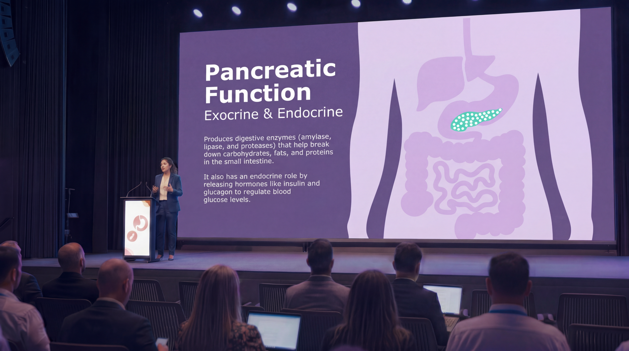 Medical presenter explaining pancreatic function and pancreatic cancer concepts using an editable Pancreatic Cancer PowerPoint Template during a healthcare conference.