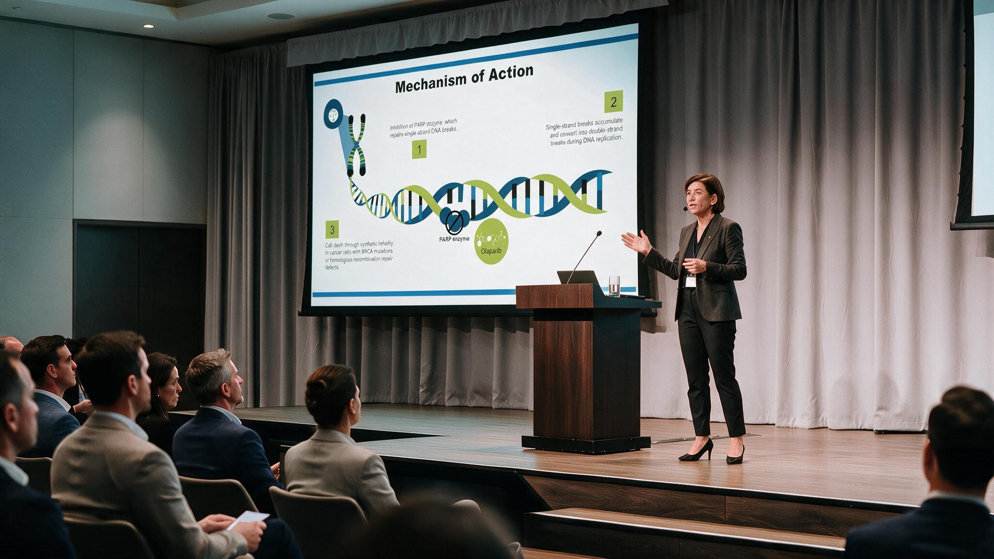 Palbociclib PowerPoint presentation displayed on a conference screen explaining the mechanism of action through CDK inhibition with an illustrated DNA pathway and therapeutic process.