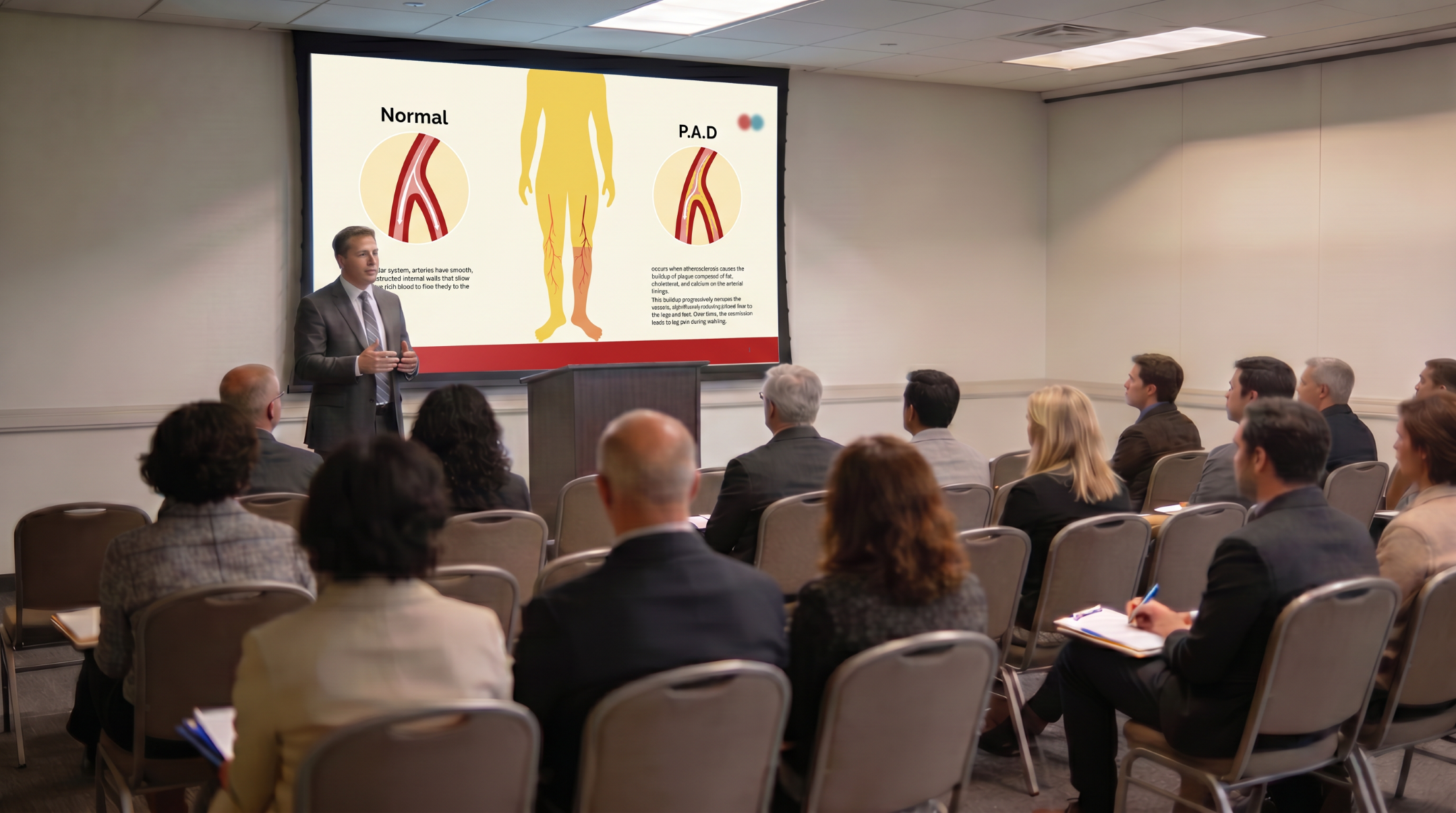 Medical presenter explaining normal arteries versus peripheral arterial disease using an editable Peripheral Arterial Disease PowerPoint Template during a healthcare presentation.
