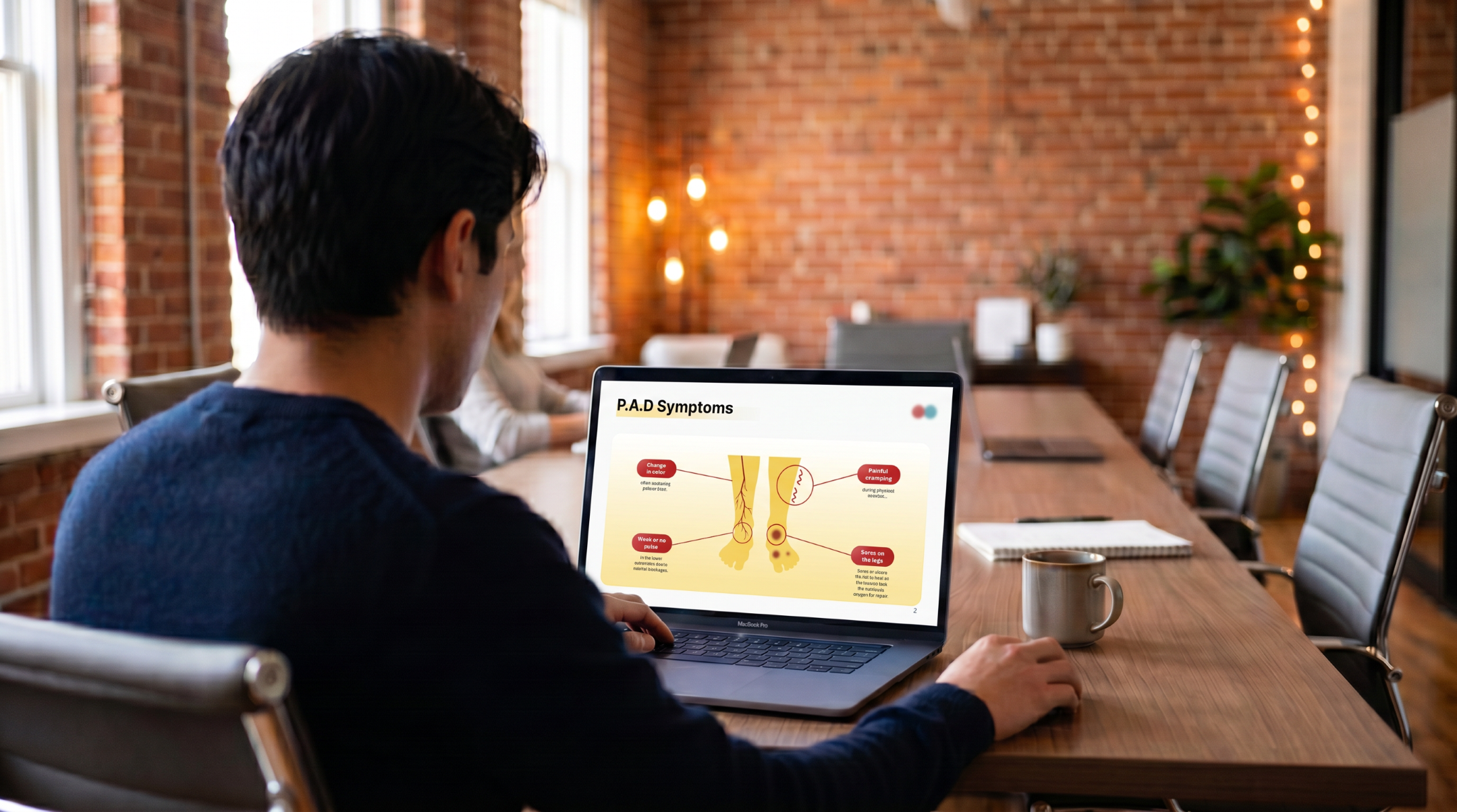 Healthcare learner reviewing peripheral arterial disease symptoms using an editable Peripheral Arterial Disease PowerPoint Template on a laptop.