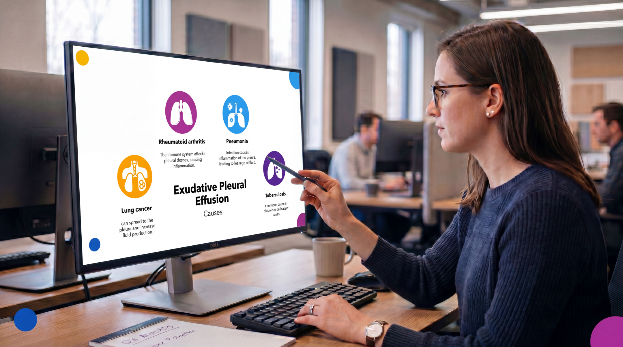 Healthcare professional reviewing exudative pleural effusion causes using an editable Pleural Effusion PowerPoint Template on a desktop monitor.