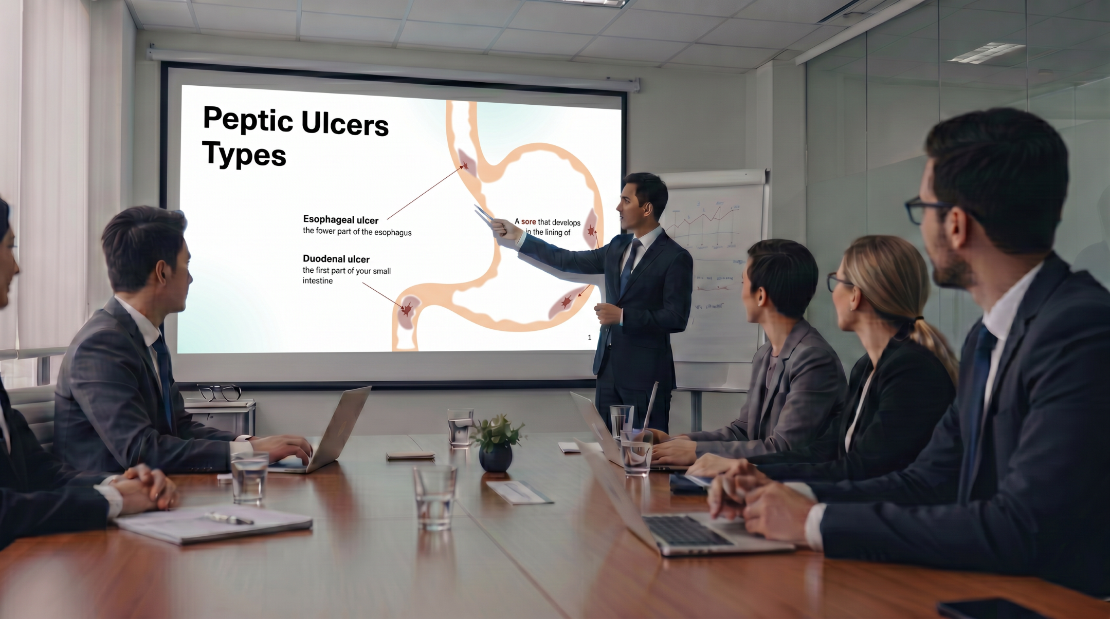 Healthcare professional presenting peptic ulcer types using an editable Peptic Ulcer Disease PowerPoint Template during a medical team meeting.