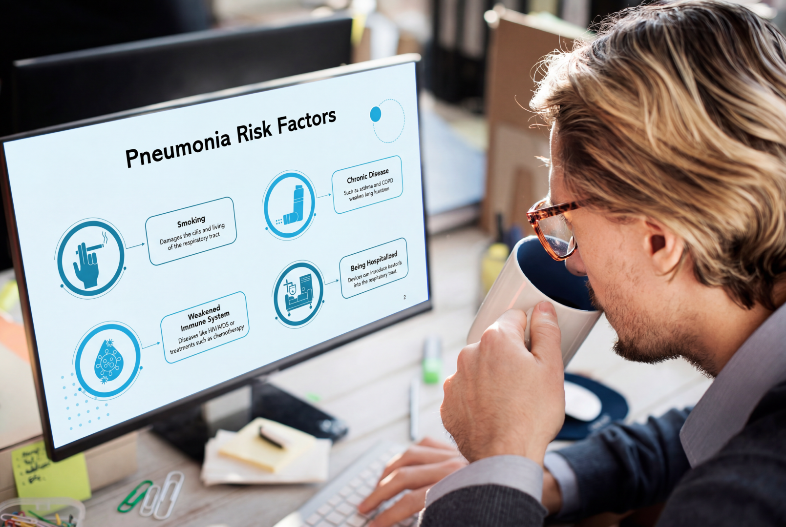 Healthcare professional reviewing pneumonia risk factors using an editable Pneumonia PowerPoint Template on a desktop monitor.