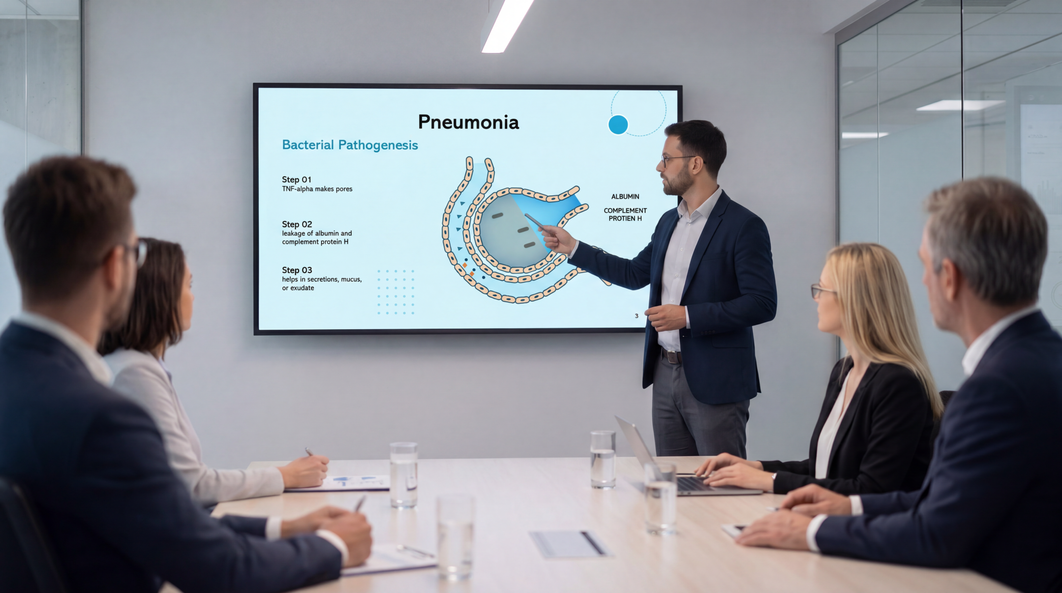 Healthcare professional presenting bacterial pneumonia pathogenesis using an editable Pneumonia PowerPoint Template during a clinical meeting.