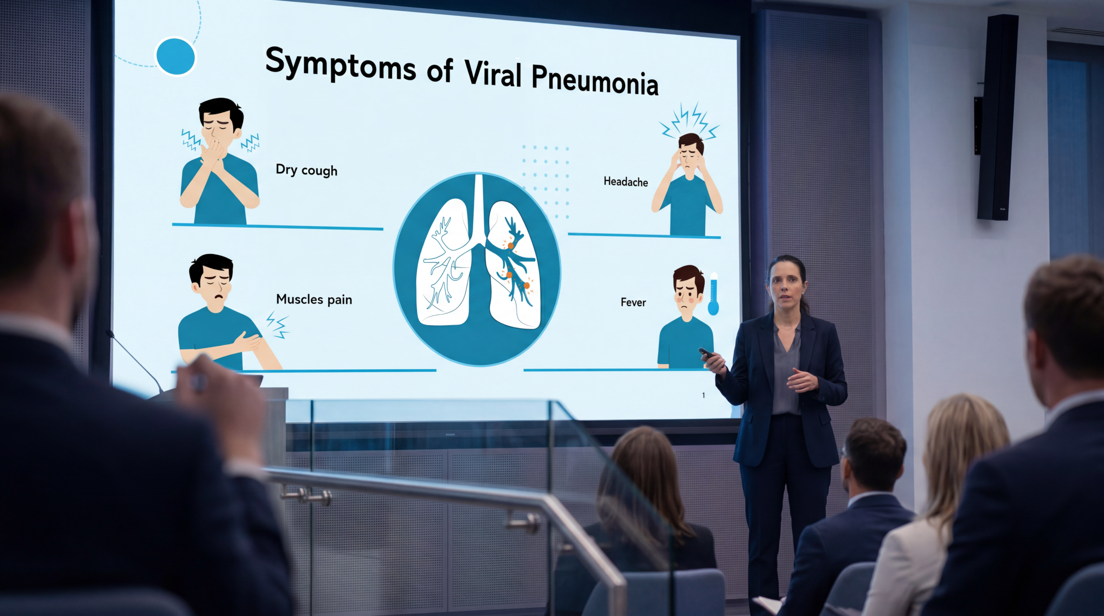 Medical presenter explaining viral pneumonia symptoms using an editable Pneumonia PowerPoint Template during a healthcare conference.