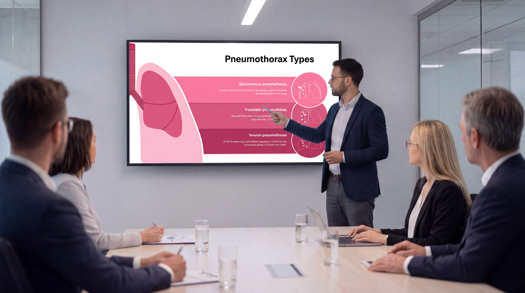 Healthcare professional presenting pneumothorax types using an editable Pneumothorax PowerPoint Template during a clinical meeting.
