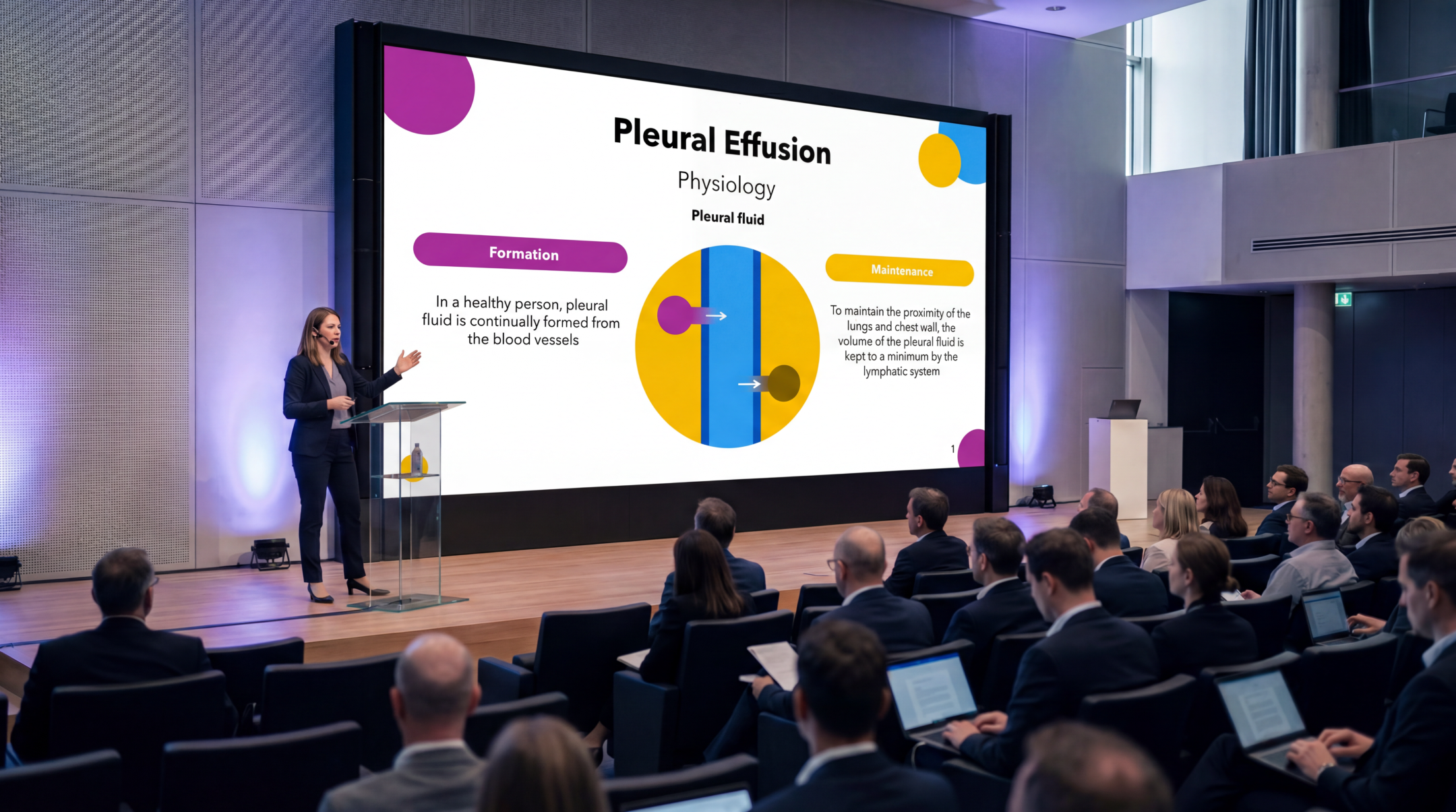 Medical presenter explaining pleural effusion physiology using an editable Pleural Effusion PowerPoint Template during a healthcare conference.