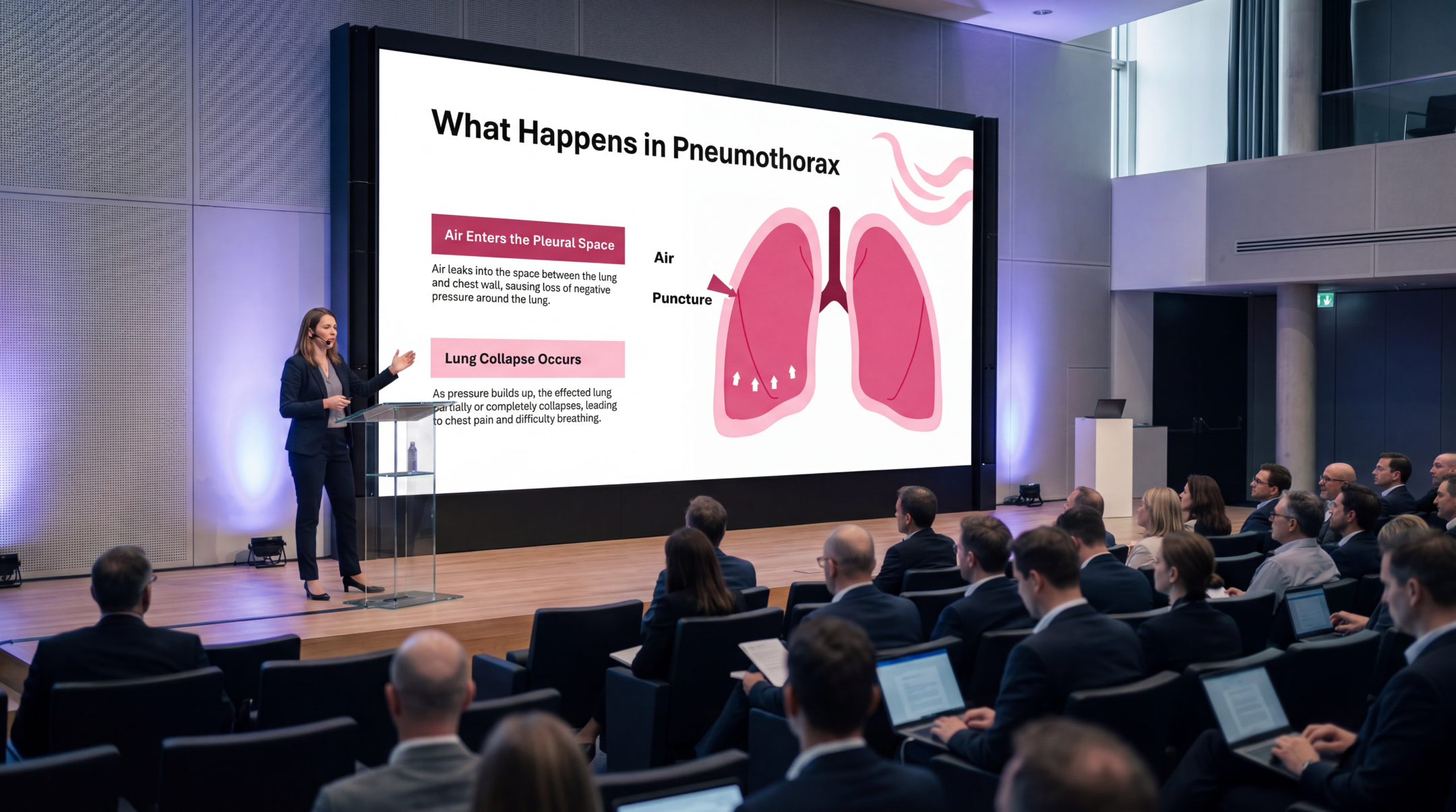 Medical presenter explaining pneumothorax pathophysiology using an editable Pneumothorax PowerPoint Template during a healthcare conference.