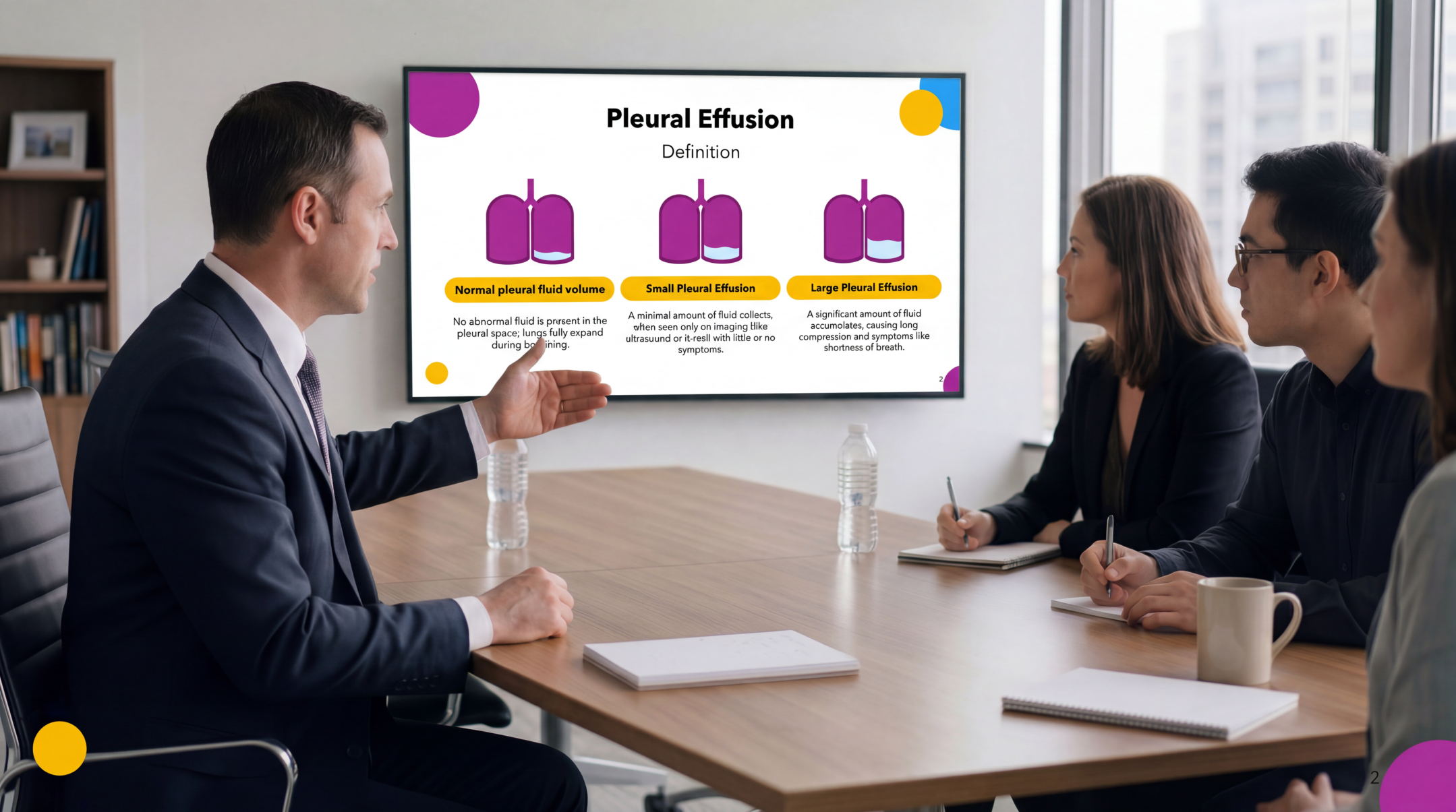 Healthcare professional presenting pleural effusion definitions using an editable Pleural Effusion PowerPoint Template during a clinical meeting.