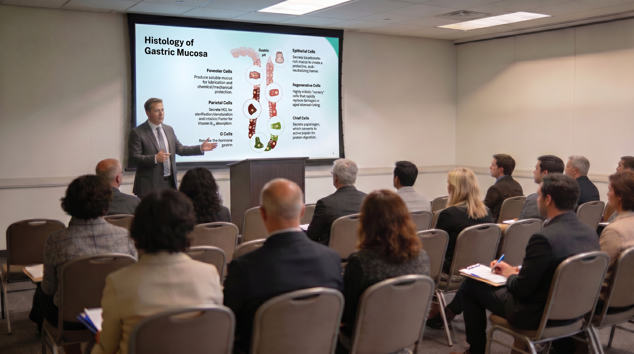 Medical presenter explaining gastric mucosa histology using an editable Peptic Ulcer Disease PowerPoint Template during a healthcare conference.