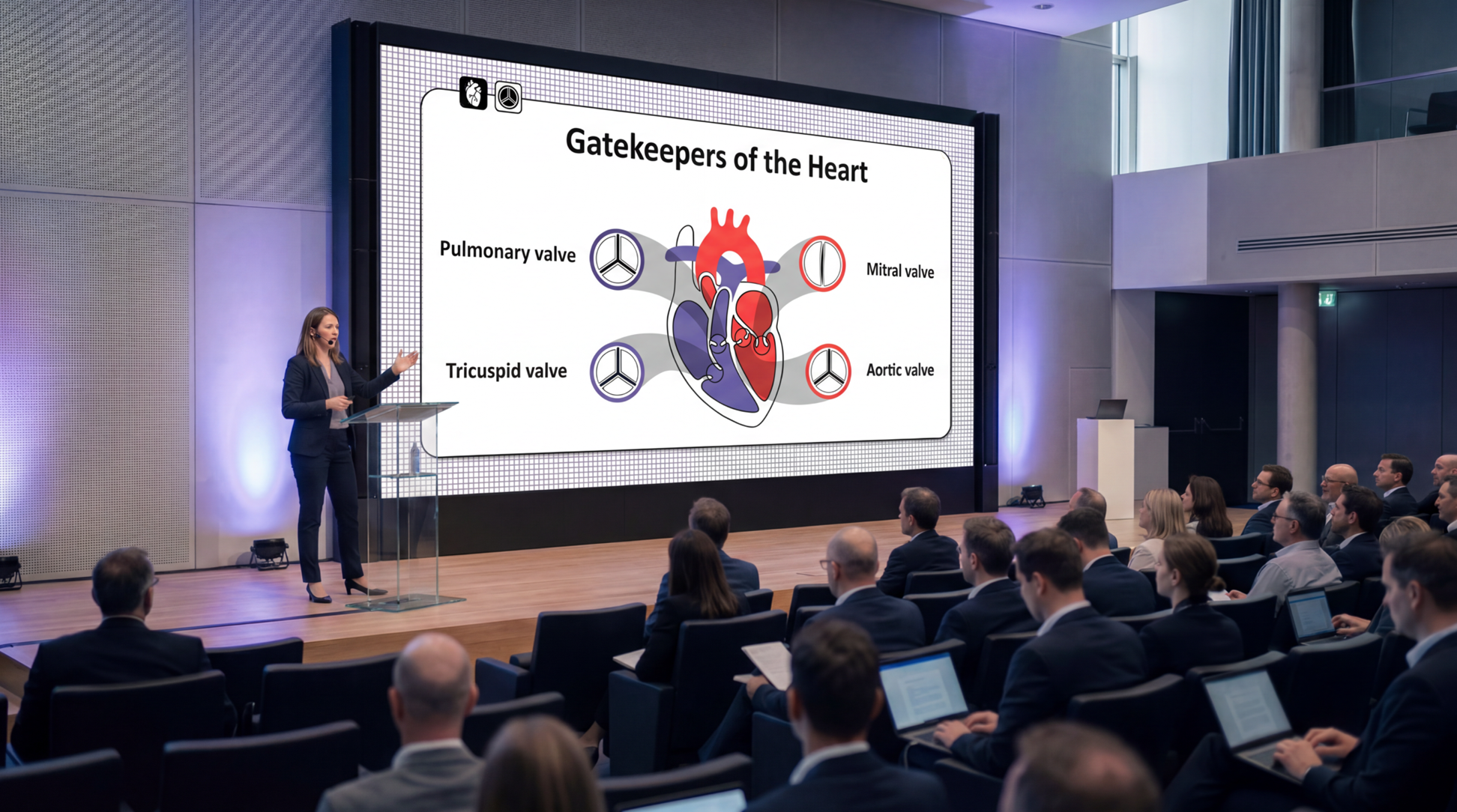 Medical presenter explaining heart valve anatomy and rheumatic heart disease using an editable Rheumatic Heart Disease Presentation Template during a healthcare conference.