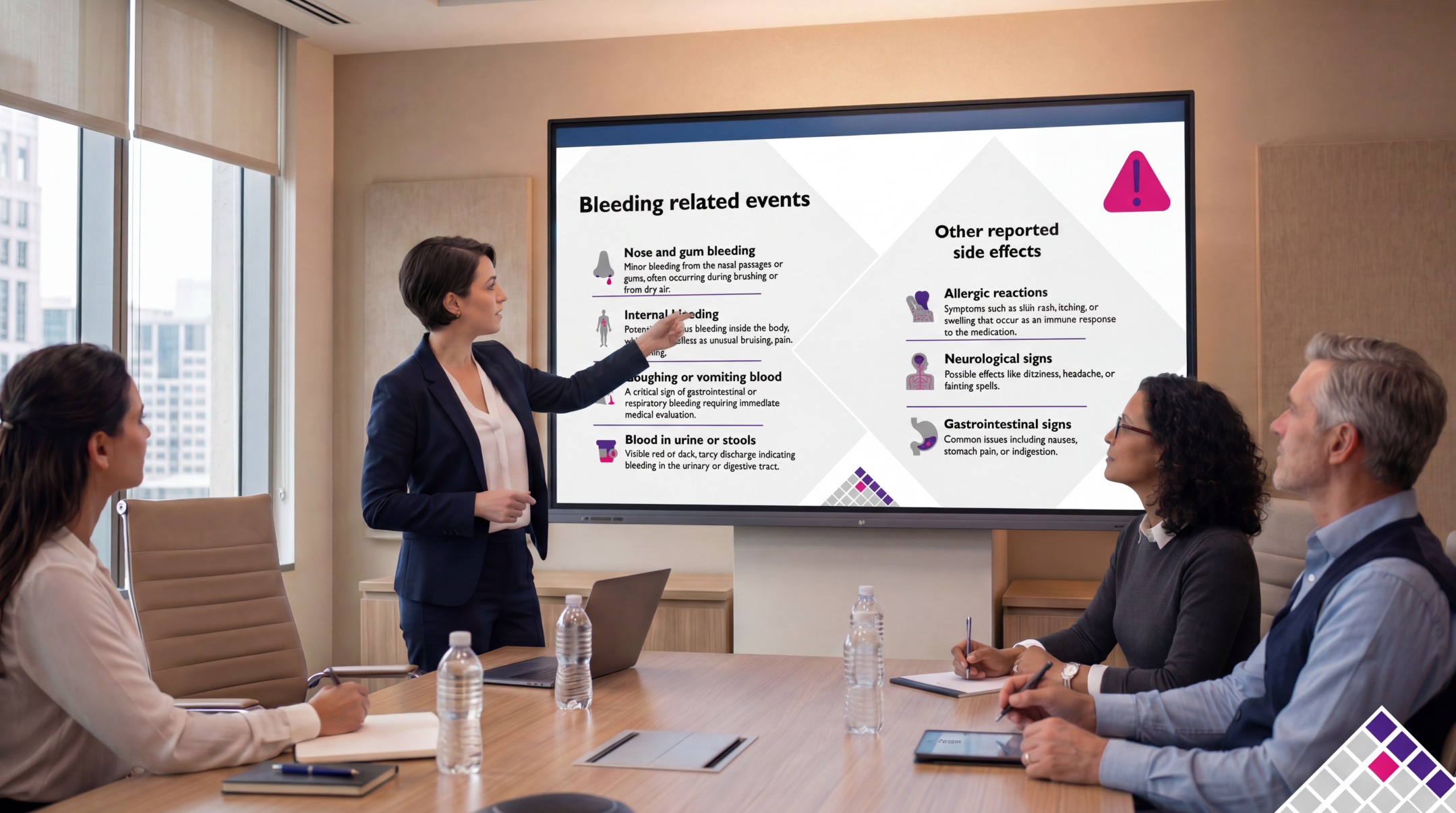 Healthcare professional presenting rivaroxaban bleeding risks and adverse effects using an editable Rivaroxaban PowerPoint Template during a clinical meeting.