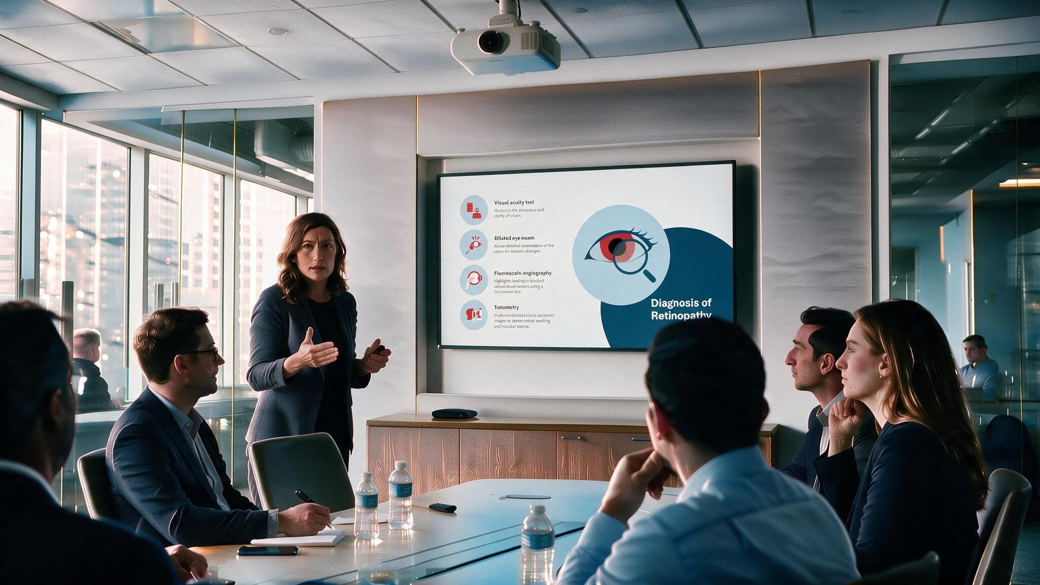Retinopathy Overview PowerPoint presentation displayed in a meeting room illustrating the diagnosis of retinopathy using visual acuity testing, dilated eye examination, fluorescein angiography, and tonometry.
