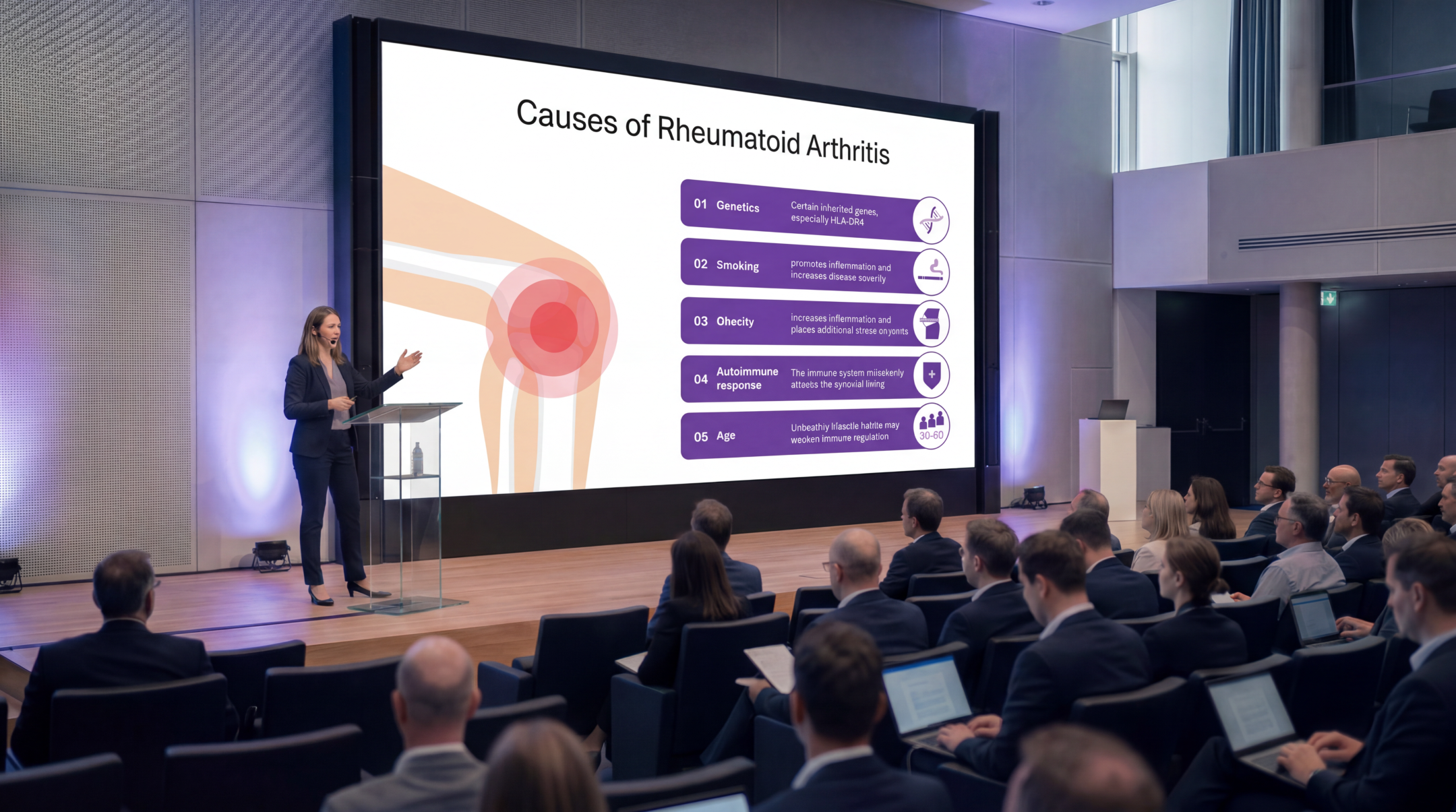 Medical presenter explaining the causes of rheumatoid arthritis using an editable Rheumatoid Arthritis PowerPoint Template during a healthcare conference.