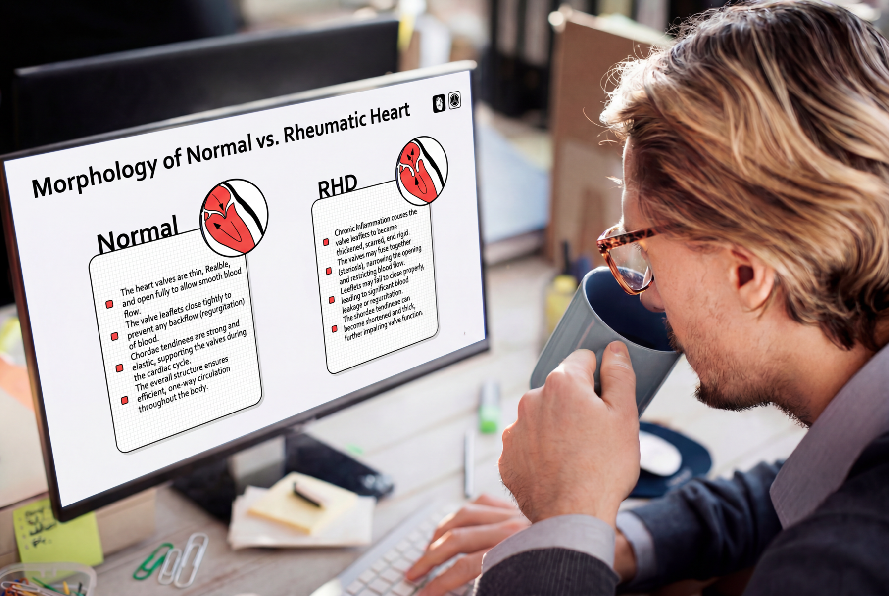 Healthcare professional reviewing normal versus rheumatic heart valve morphology using an editable Rheumatic Heart Disease Presentation Template on a desktop computer.
