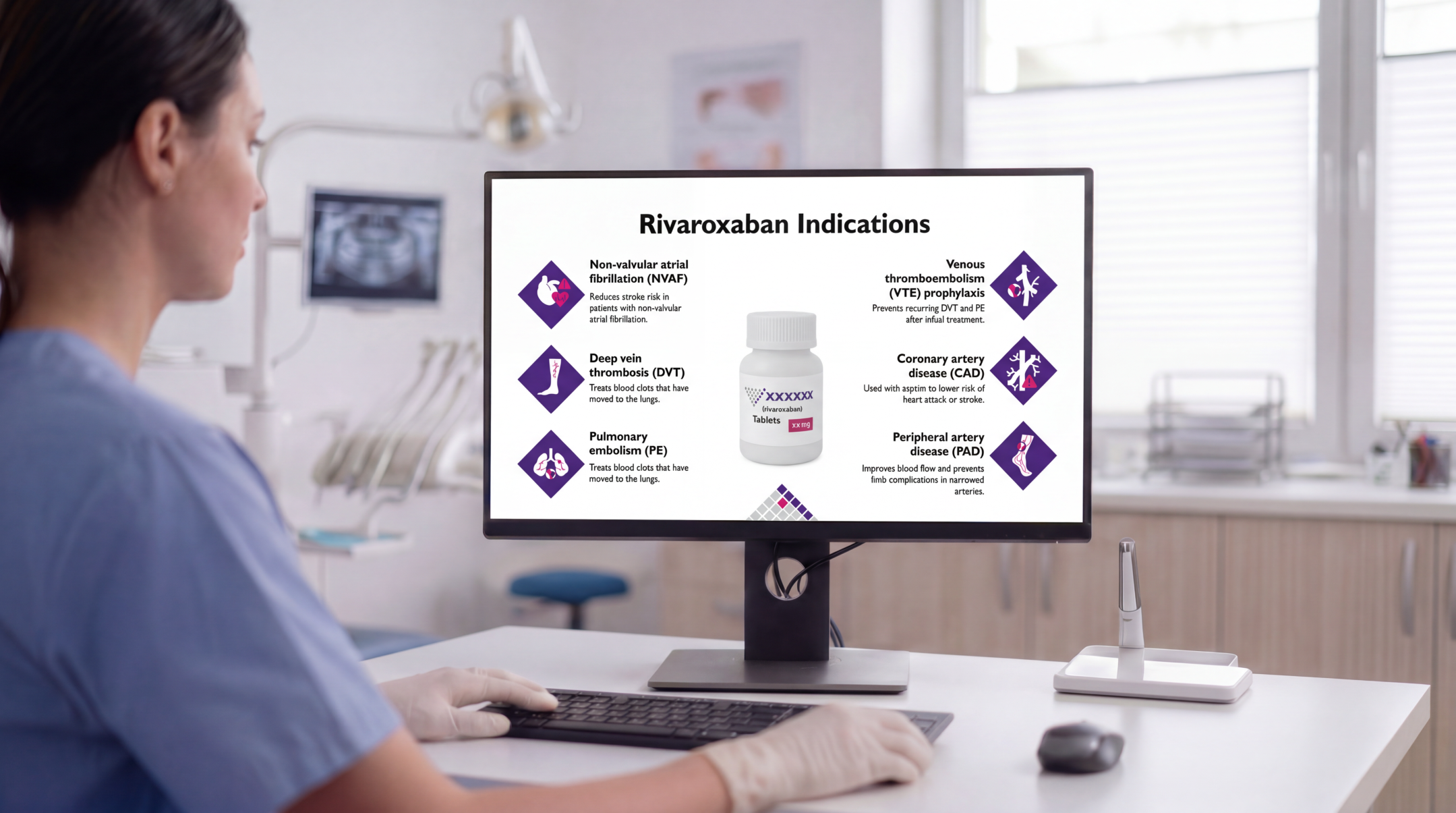 Healthcare professional reviewing rivaroxaban clinical indications using an editable Rivaroxaban PowerPoint Template on a clinical workstation.