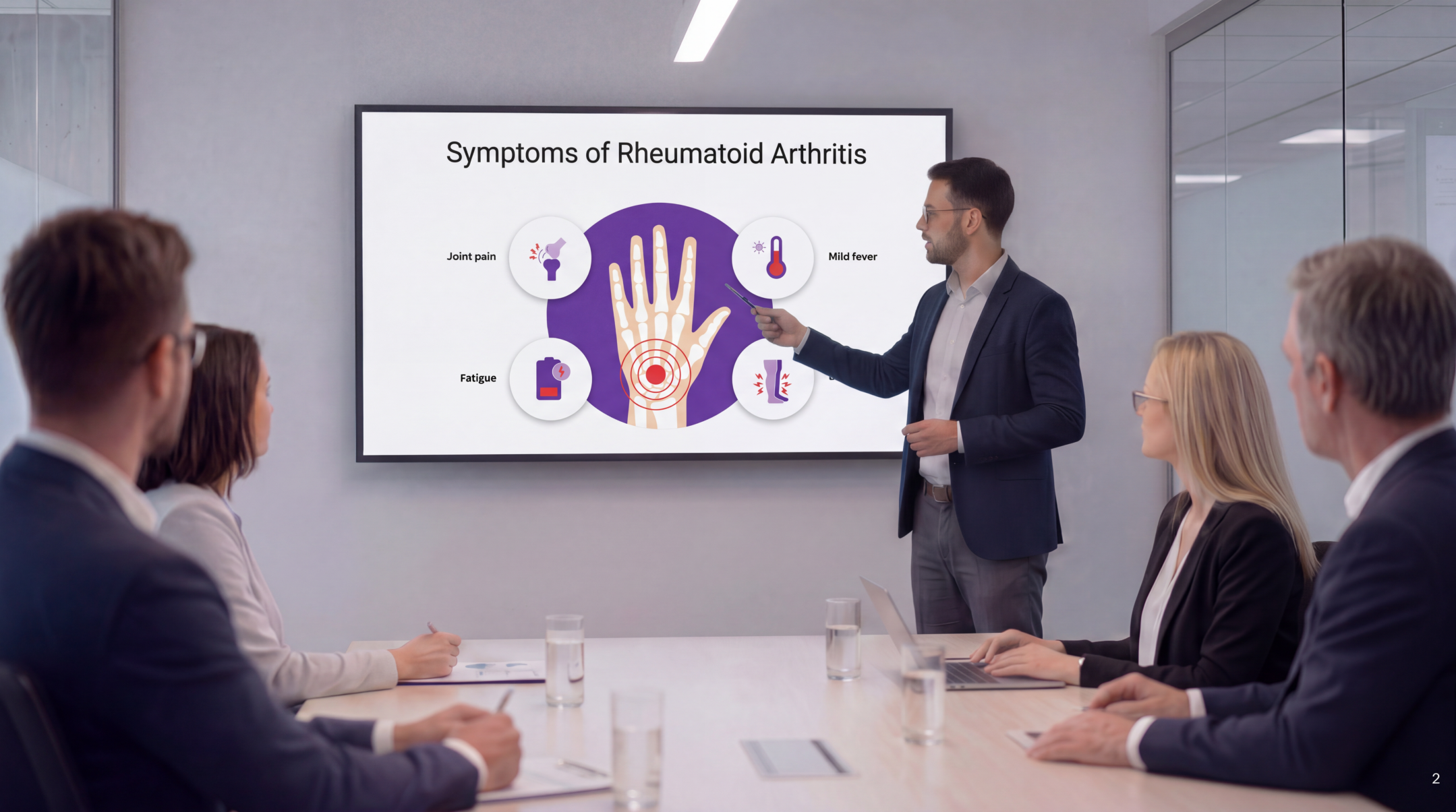 Healthcare professional presenting rheumatoid arthritis symptoms using an editable Rheumatoid Arthritis PowerPoint Template during a clinical meeting.