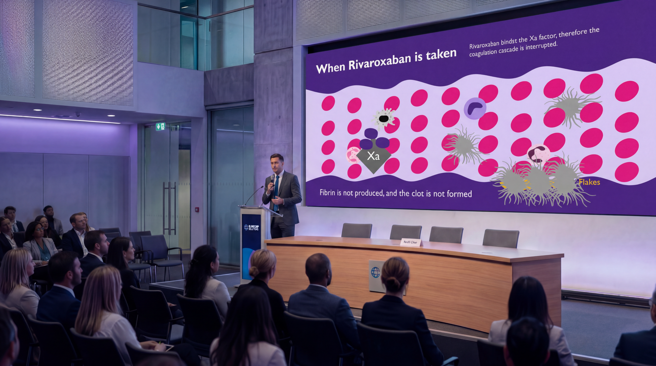 Medical presenter explaining the mechanism of action of rivaroxaban using an editable Rivaroxaban PowerPoint Template during a healthcare conference.