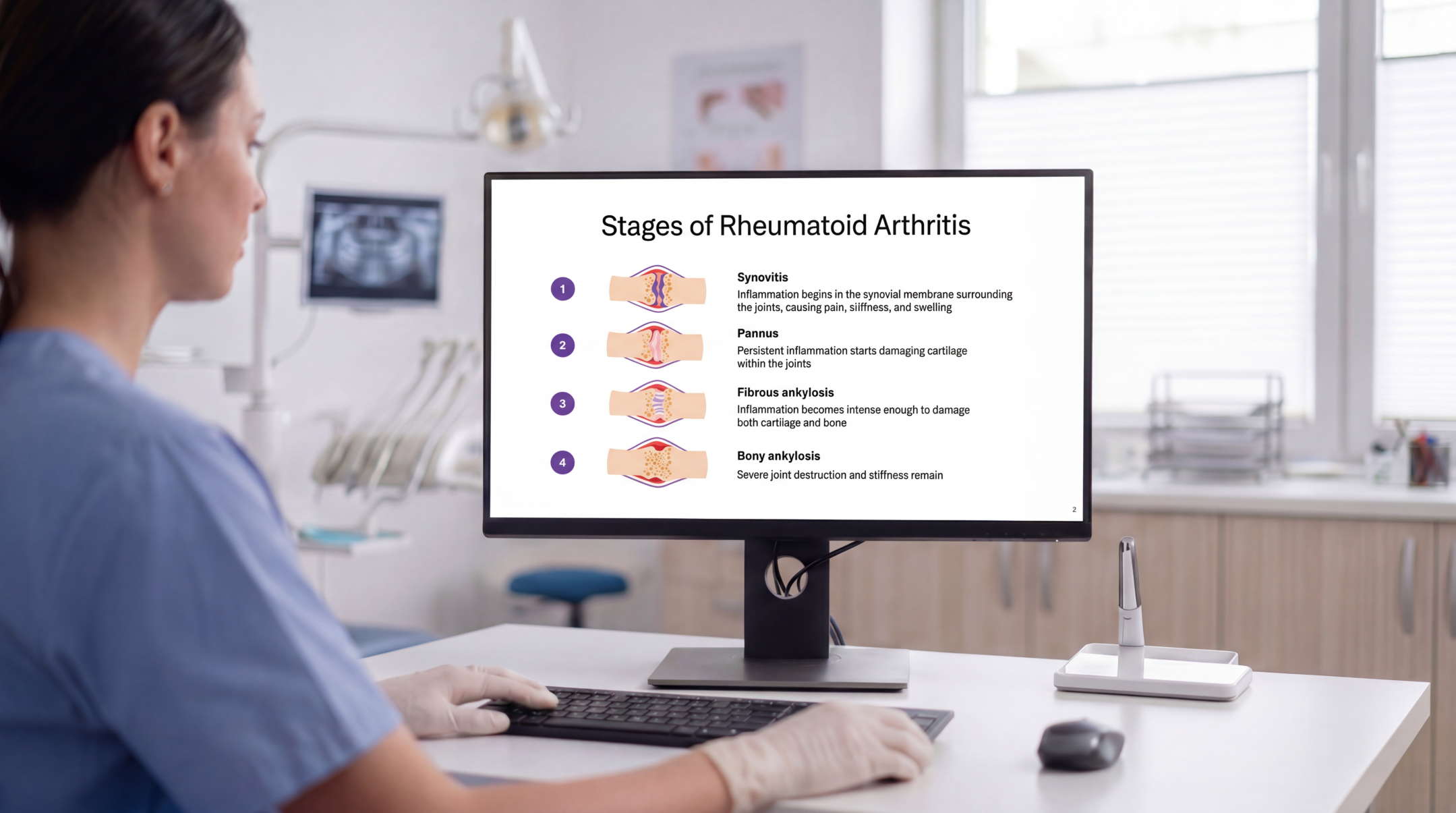 Healthcare professional reviewing rheumatoid arthritis disease stages using an editable Rheumatoid Arthritis PowerPoint Template on a clinical workstation.