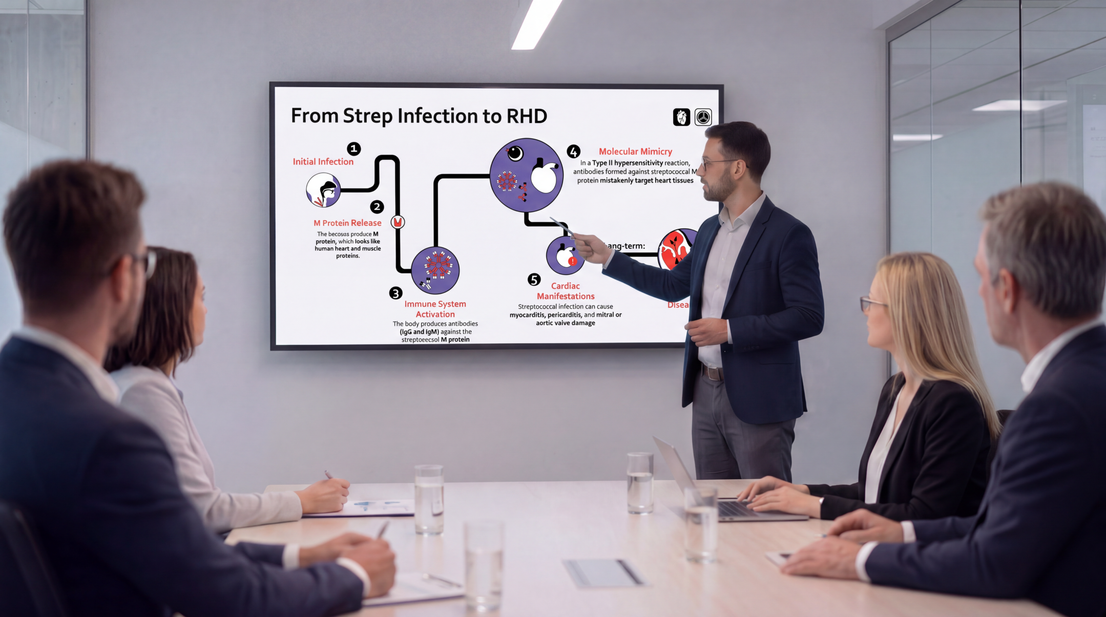 Healthcare professional presenting the pathogenesis of rheumatic heart disease using an editable Rheumatic Heart Disease Presentation Template during a clinical meeting.
