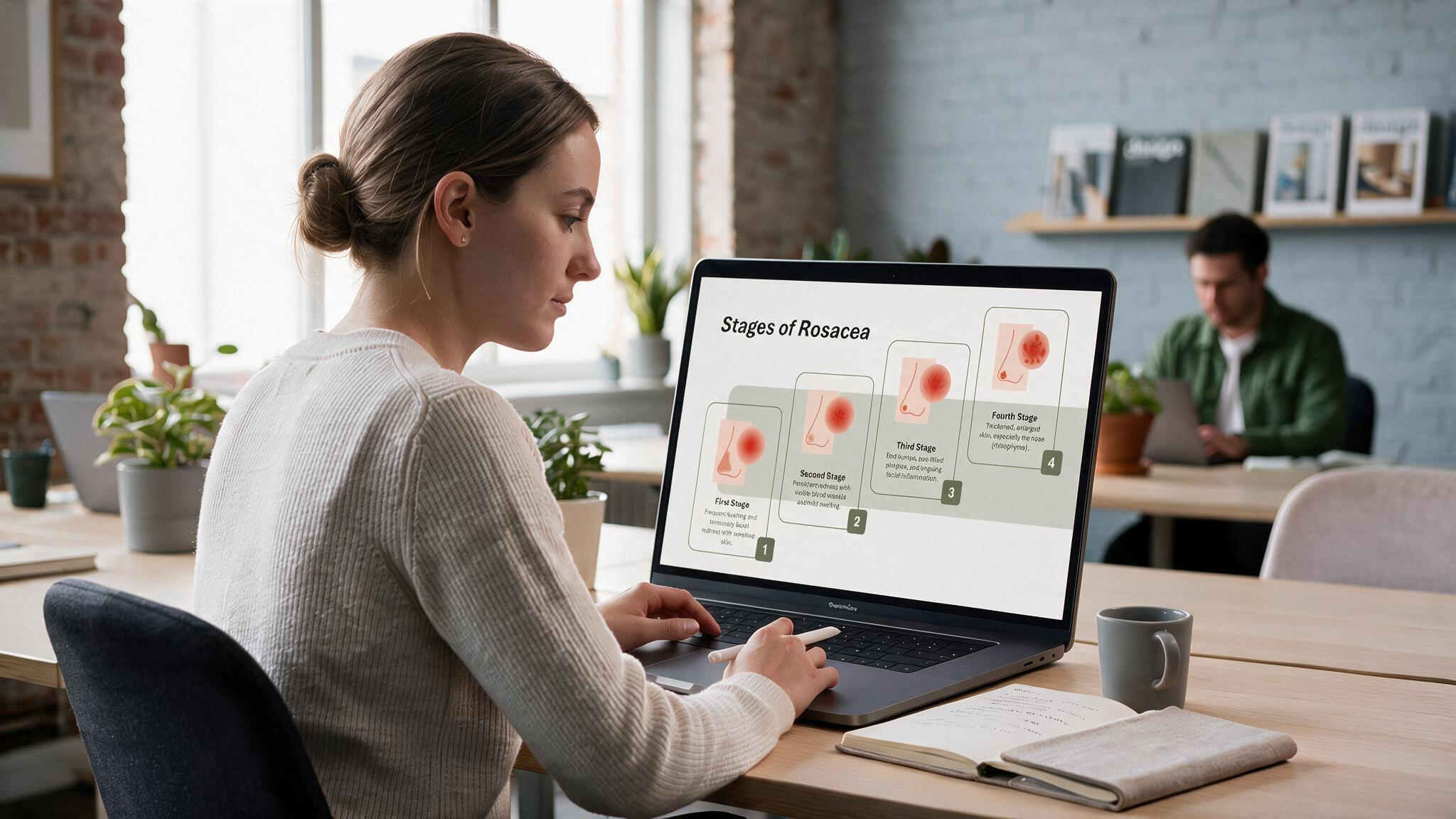 Rosacea Overview PowerPoint presentation displayed on a desktop monitor illustrating the stages of rosacea with progressive facial skin changes from early flushing to advanced rhinophyma.