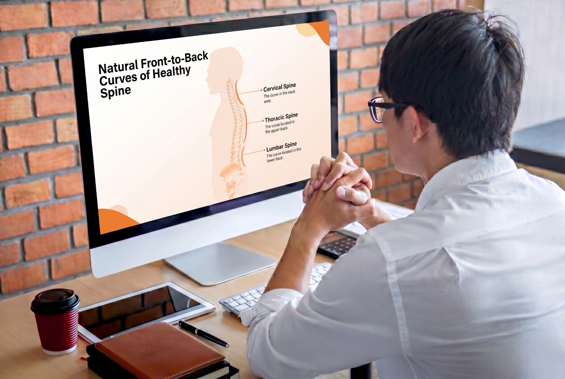 Healthcare learner reviewing natural spinal curves using an editable Scoliosis PowerPoint Template on a desktop monitor.