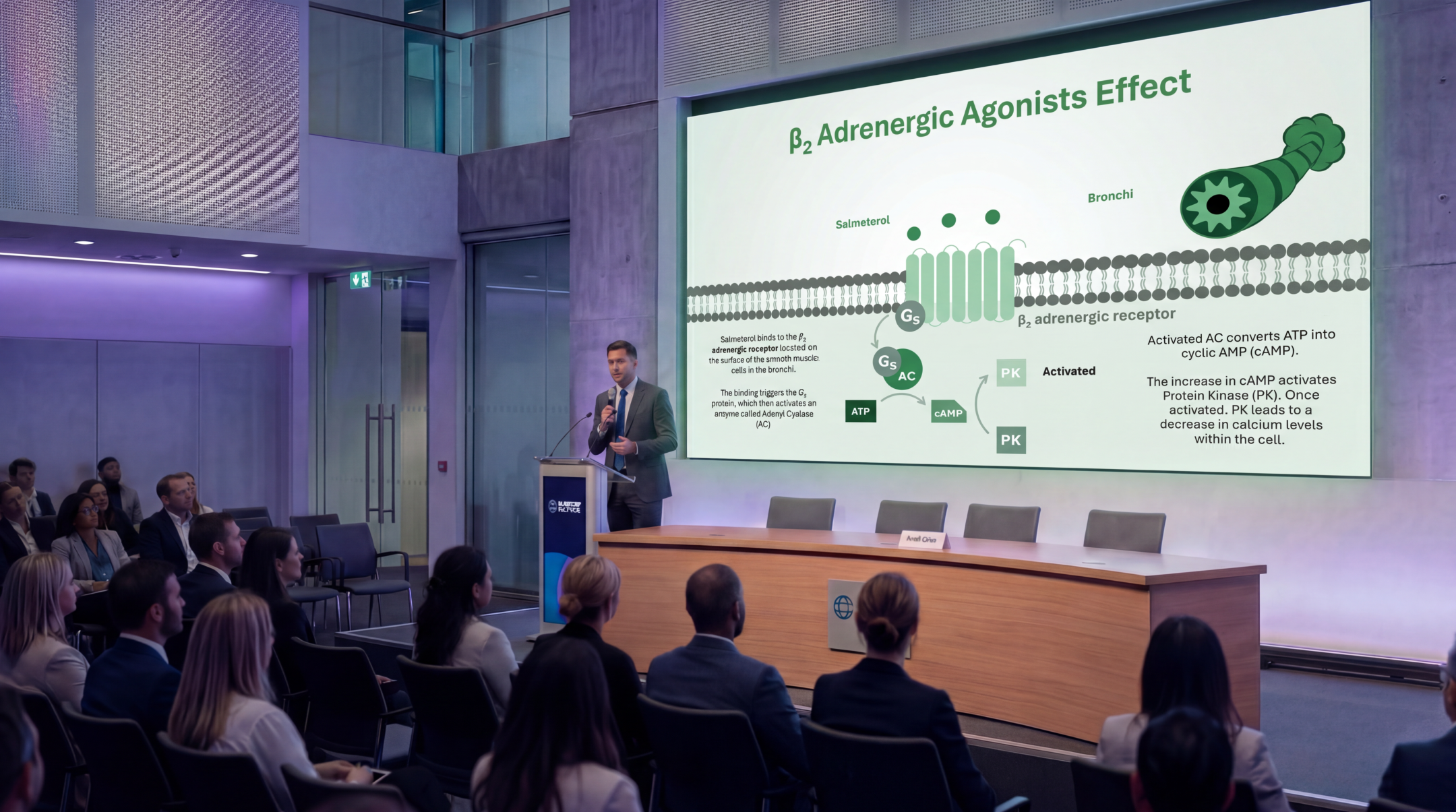 Medical presenter explaining the mechanism of action of salmeterol using an editable Salmeterol PowerPoint Template during a healthcare conference.