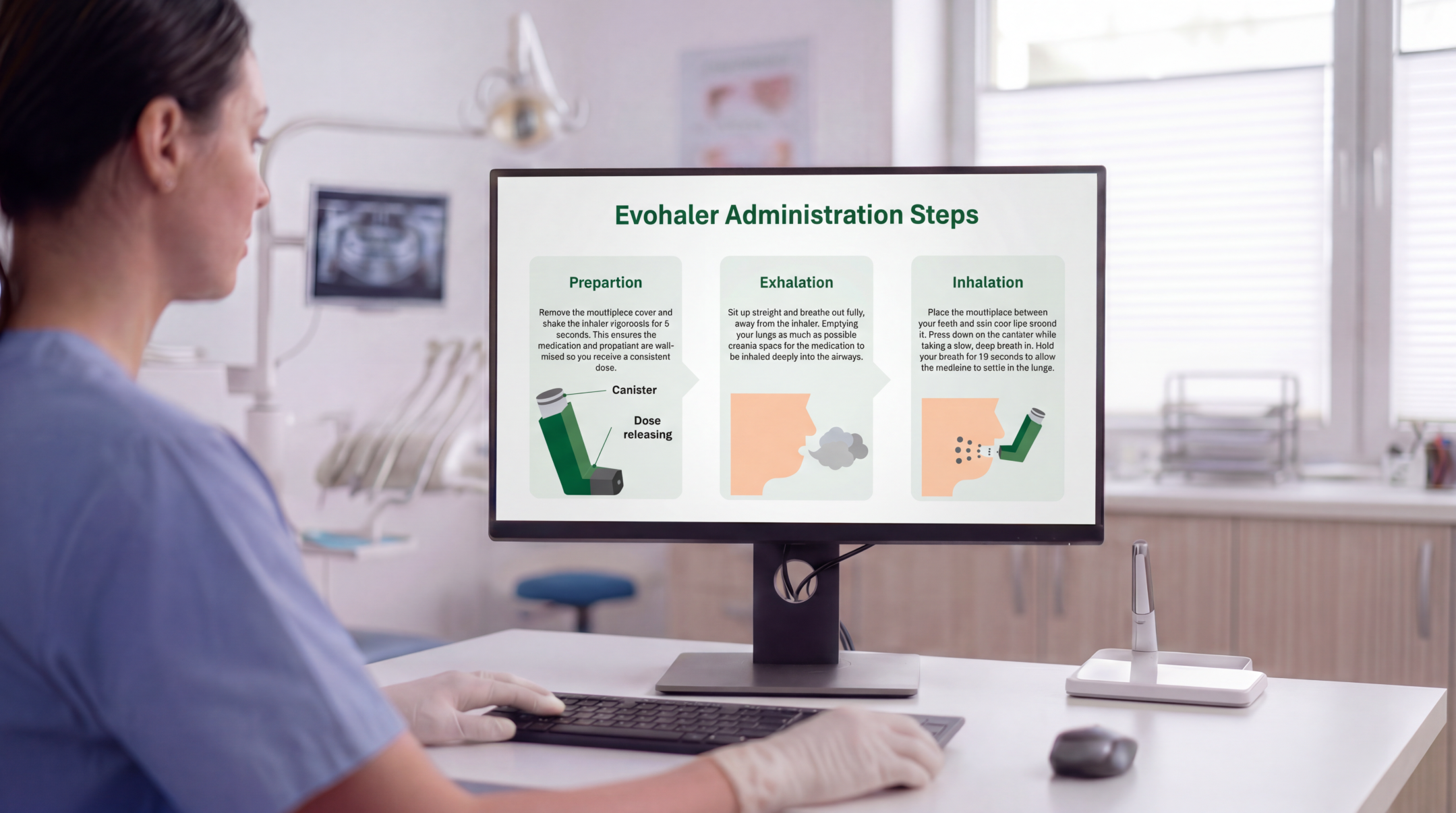 Healthcare professional reviewing salmeterol inhaler administration steps using an editable Salmeterol PowerPoint Template on a clinical workstation.