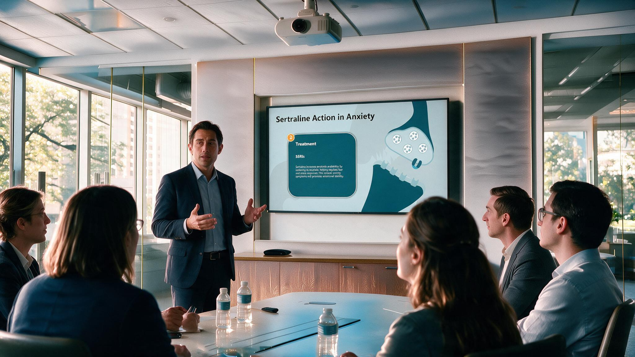 Healthcare professional presenting sertraline treatment for anxiety using an editable Sertraline PowerPoint Template during a clinical meeting.