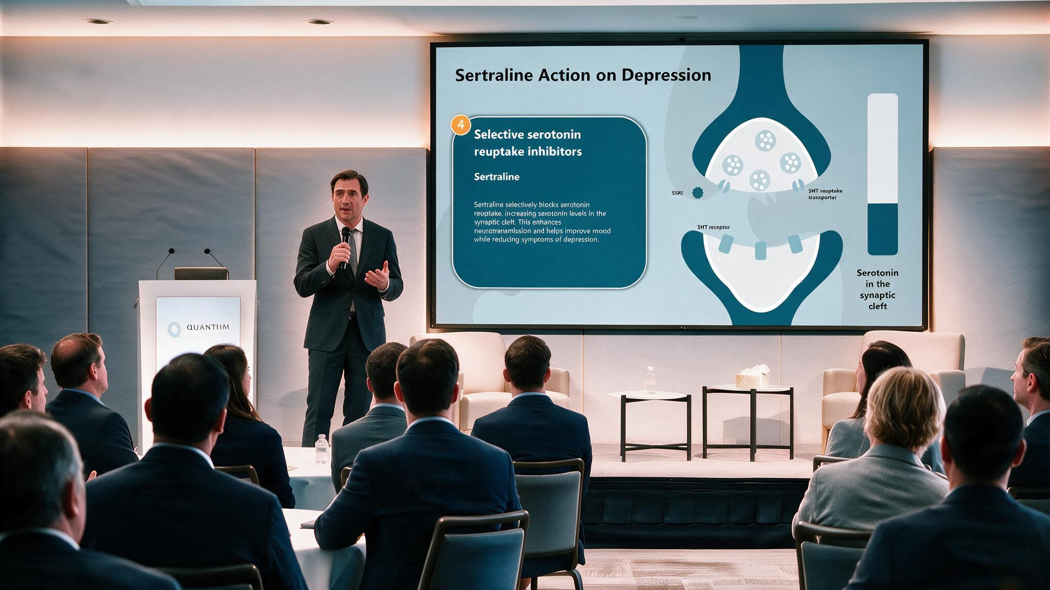 Medical presenter explaining the mechanism of action of sertraline using an editable Sertraline PowerPoint Template during a healthcare conference.
