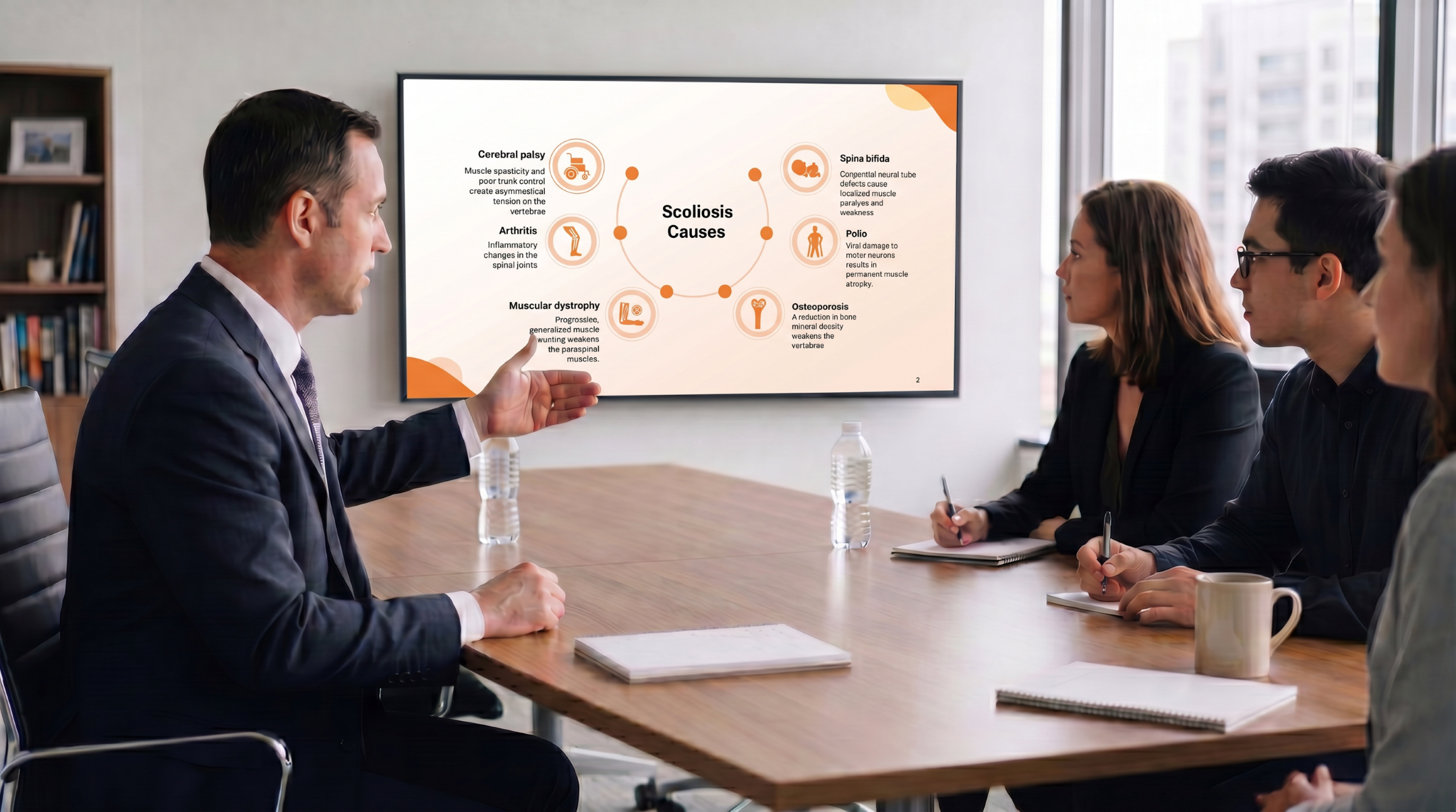 Healthcare professional discussing scoliosis causes using an editable Scoliosis PowerPoint Template during a clinical team meeting.