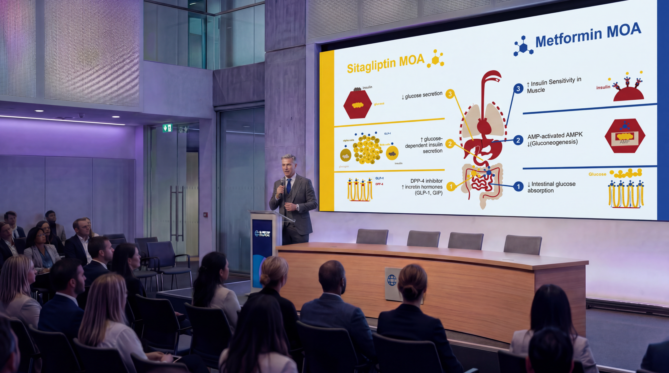 Medical presenter explaining the mechanisms of action of sitagliptin and metformin using an editable Sitagliptin Metformin PowerPoint Template during a healthcare conference.