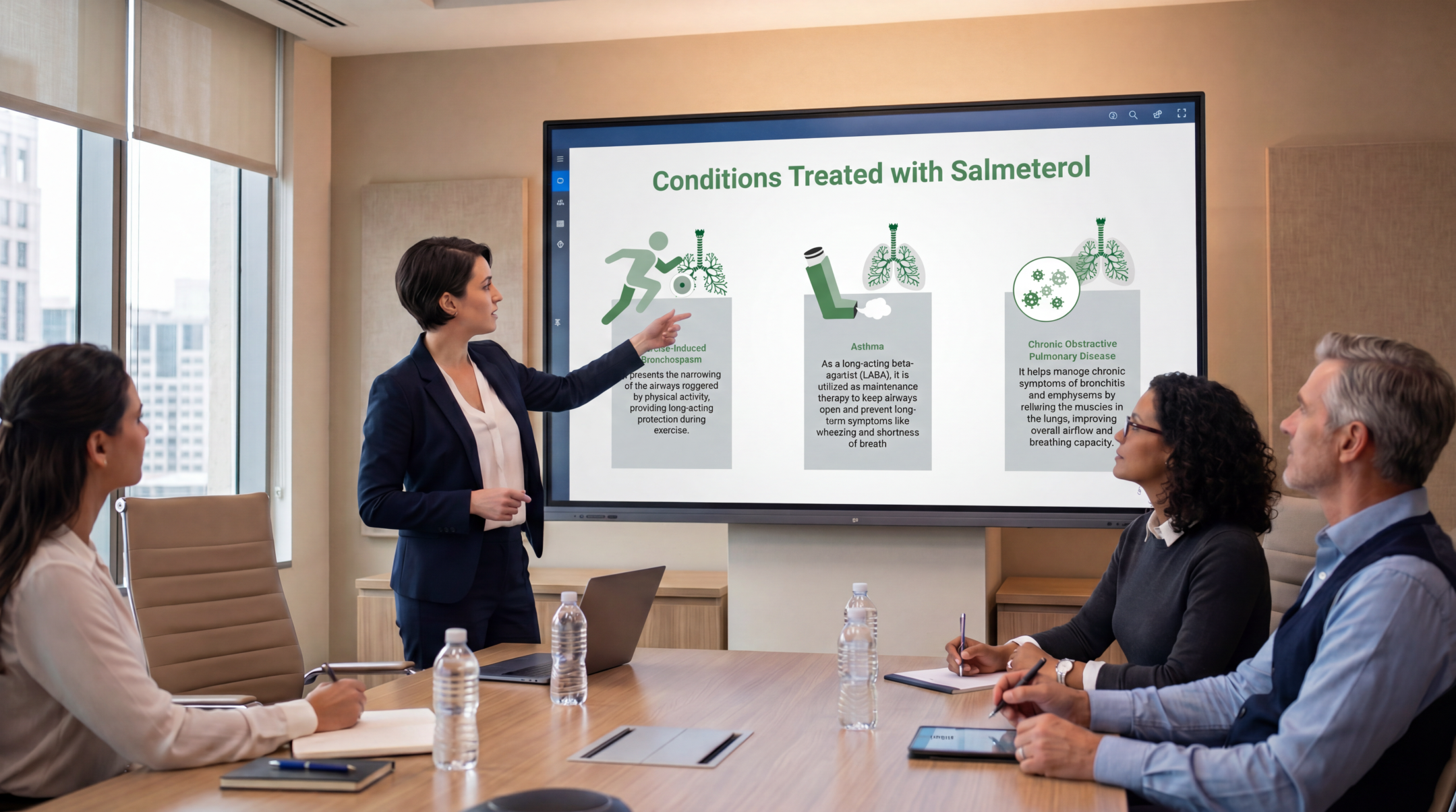 Healthcare professional presenting clinical indications of salmeterol using an editable Salmeterol PowerPoint Template during a medical meeting.