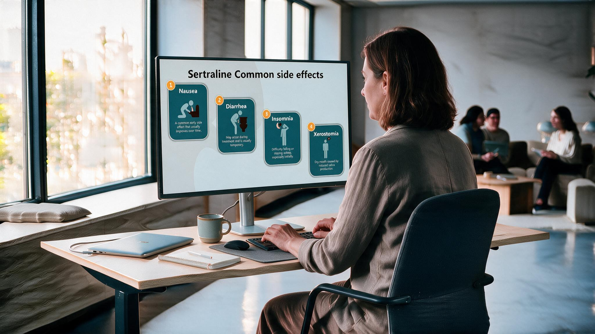 Healthcare professional reviewing common sertraline side effects using an editable Sertraline PowerPoint Template on a desktop monitor.