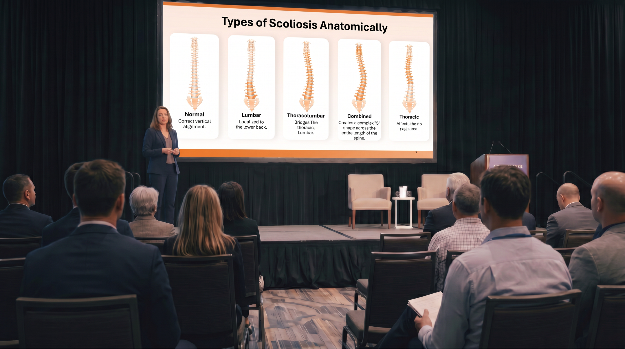 Medical presenter explaining anatomical types of scoliosis using an editable Scoliosis PowerPoint Template during a healthcare conference presentation.
