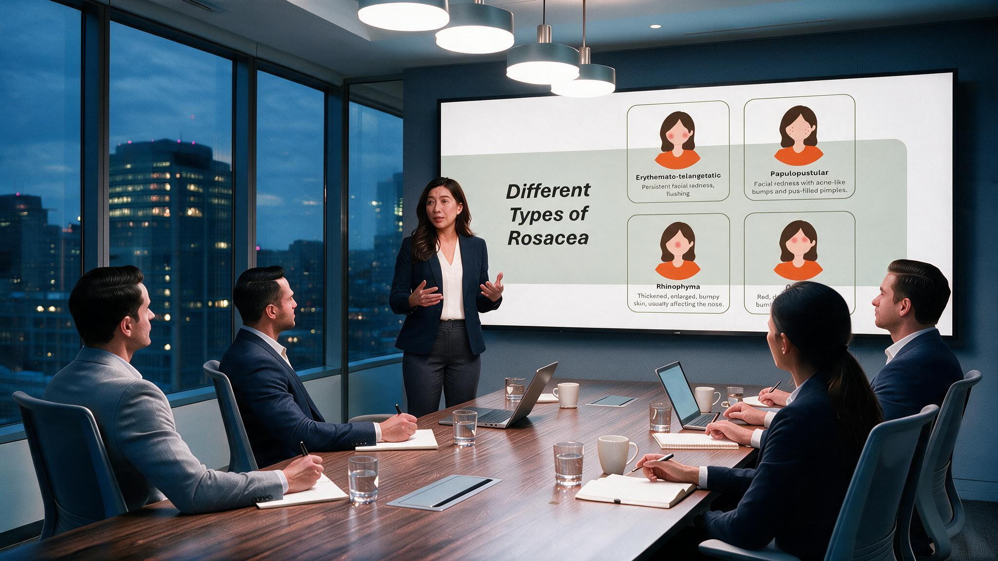 Rosacea Overview PowerPoint presentation displayed in a meeting room explaining the different types of rosacea including erythematotelangiectatic, papulopustular, rhinophyma, and ocular rosacea.