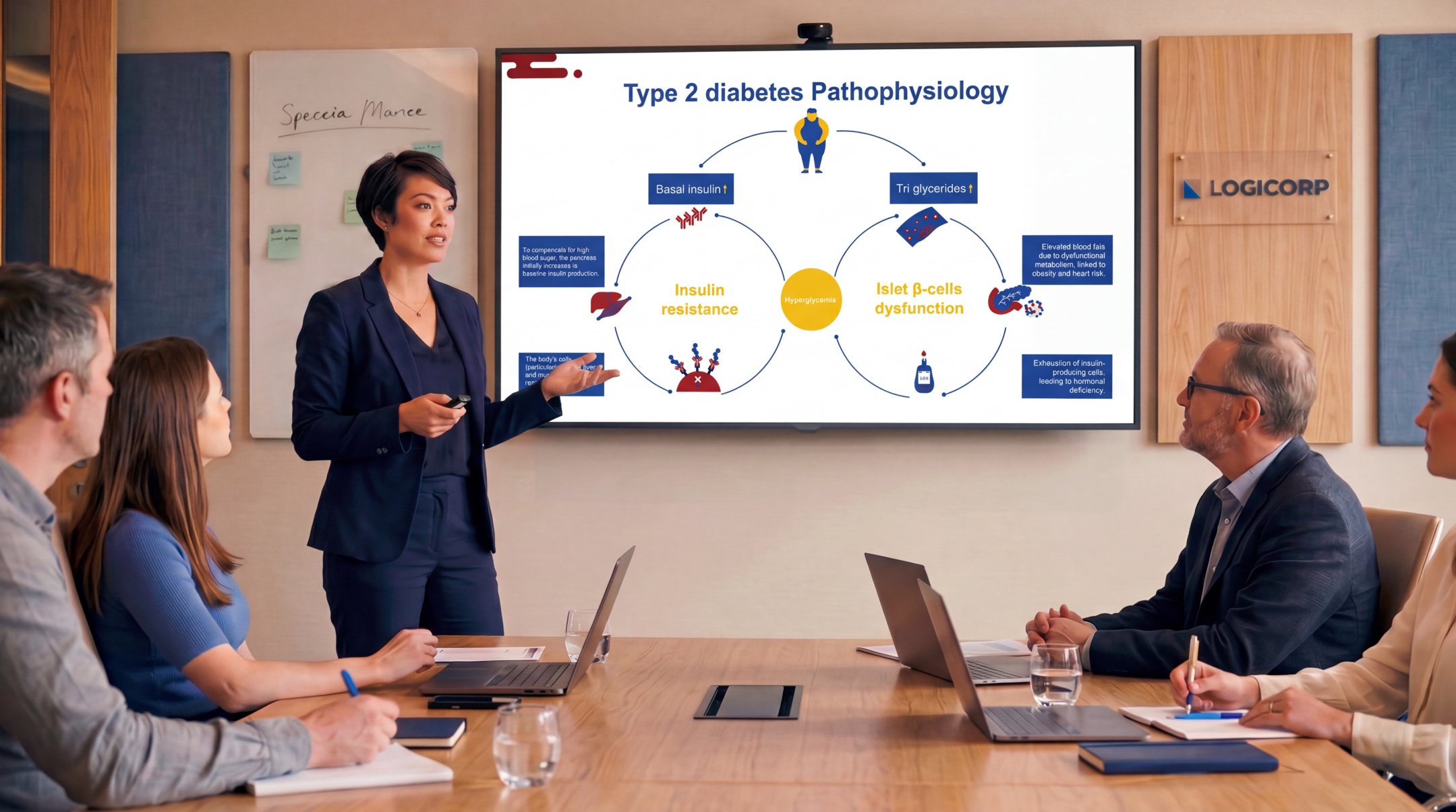 Medical educator presenting type 2 diabetes pathophysiology using an editable Sitagliptin Metformin PowerPoint Template during a clinical meeting.