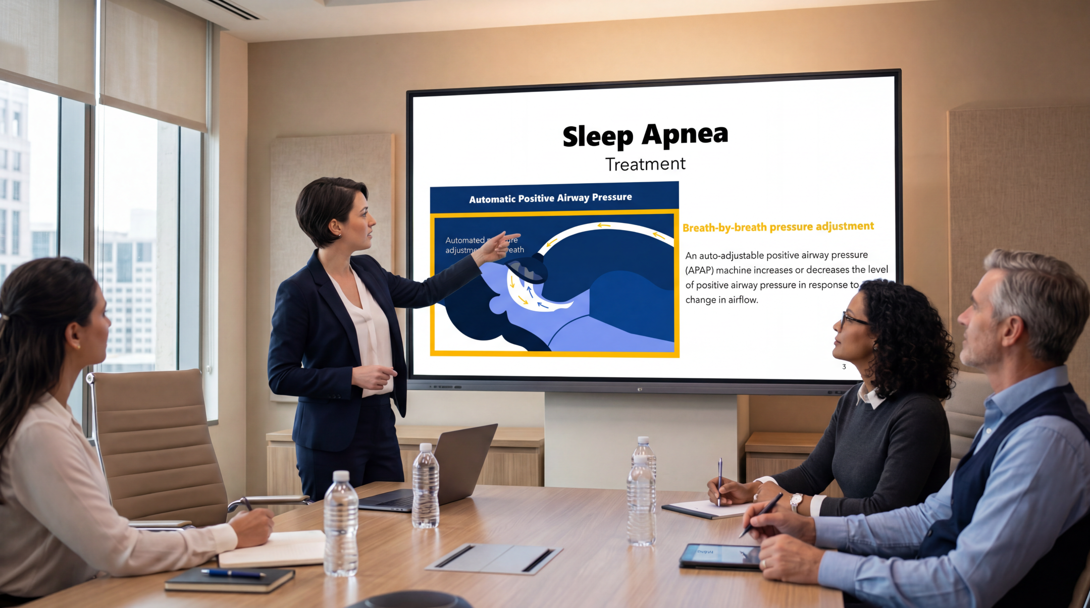 Healthcare educator presenting sleep apnea treatment options with an editable Sleep Apnea PowerPoint Template during a clinical team meeting.