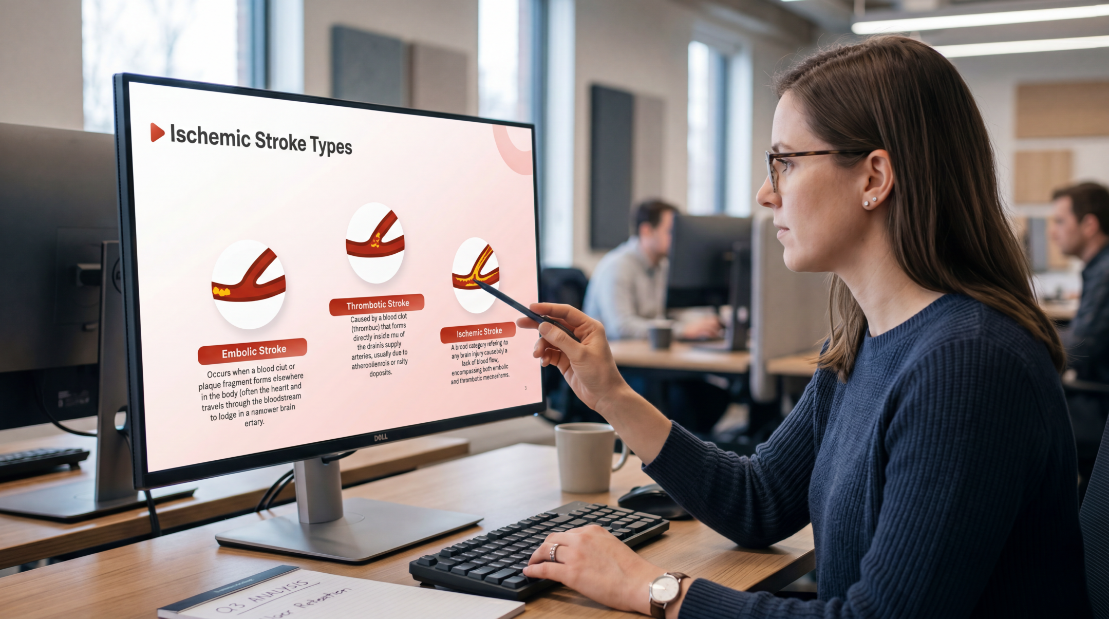 Healthcare professional reviewing ischemic stroke types using an editable Stroke PowerPoint Template on a desktop monitor.
