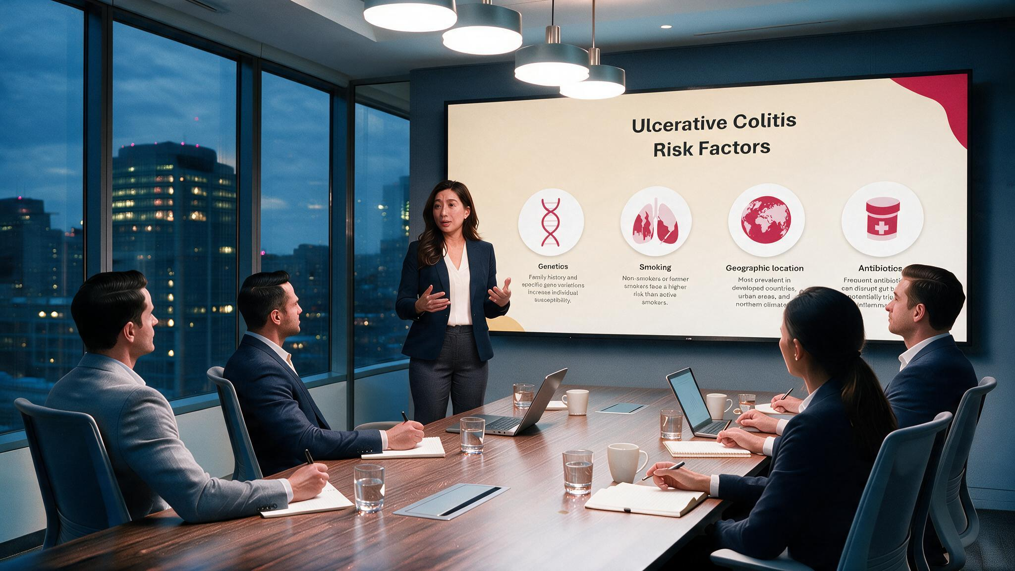 Healthcare professional presenting ulcerative colitis risk factors using an editable Ulcerative Colitis Overview PowerPoint Template during a medical meeting.