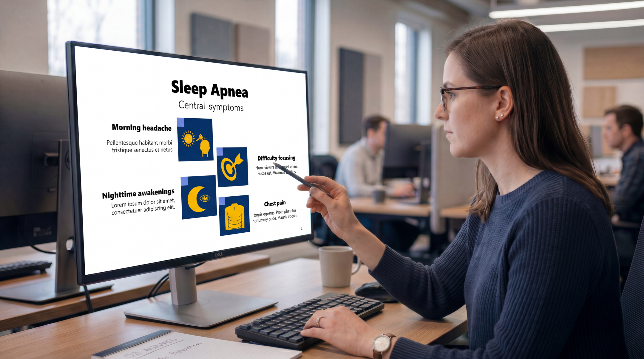 Healthcare professional reviewing central sleep apnea symptoms using an editable Sleep Apnea PowerPoint Template on a desktop monitor.