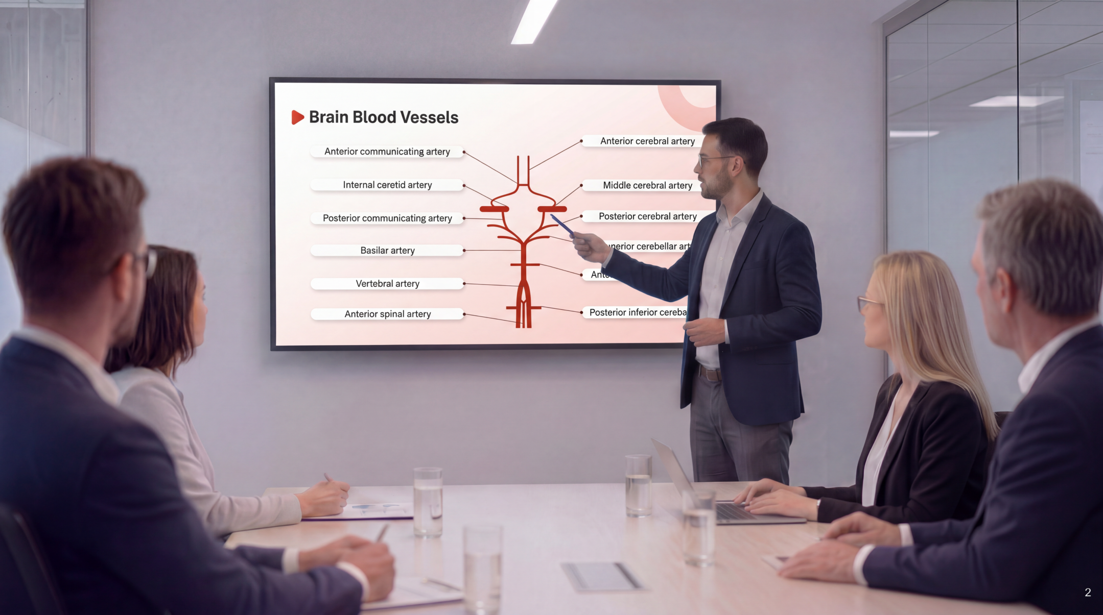 Healthcare educator presenting cerebral blood vessel anatomy using an editable Stroke PowerPoint Template during a clinical team meeting.