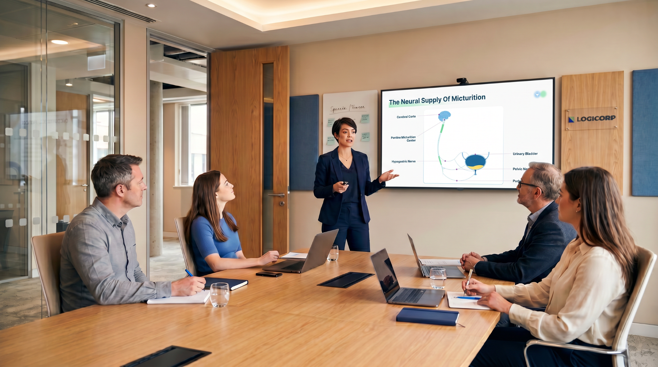 Healthcare educator presenting the neural supply of micturition using an editable Urinary Incontinence PowerPoint Template in a medical training session.