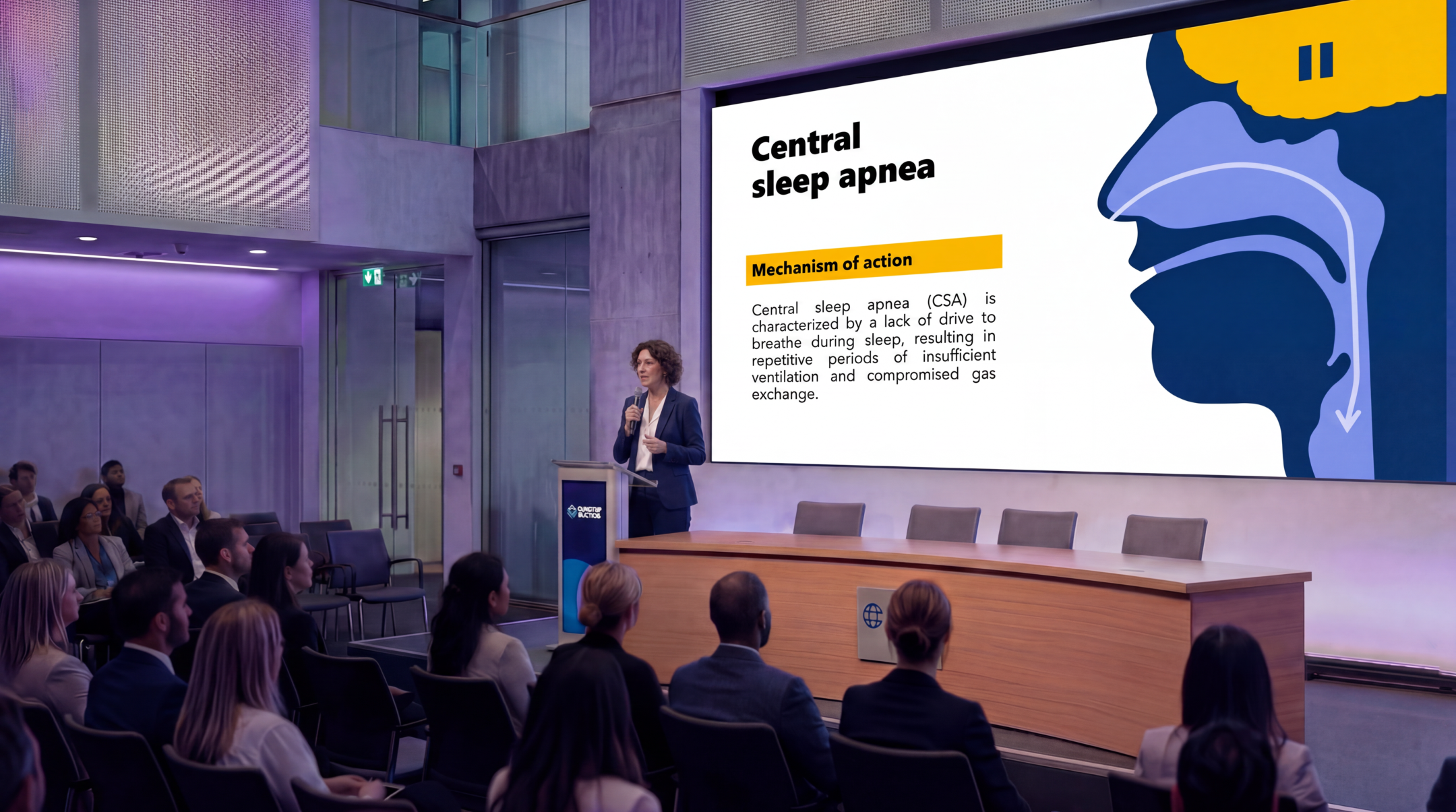 Medical presenter explaining the mechanism of central sleep apnea using an editable Sleep Apnea PowerPoint Template during a healthcare conference.