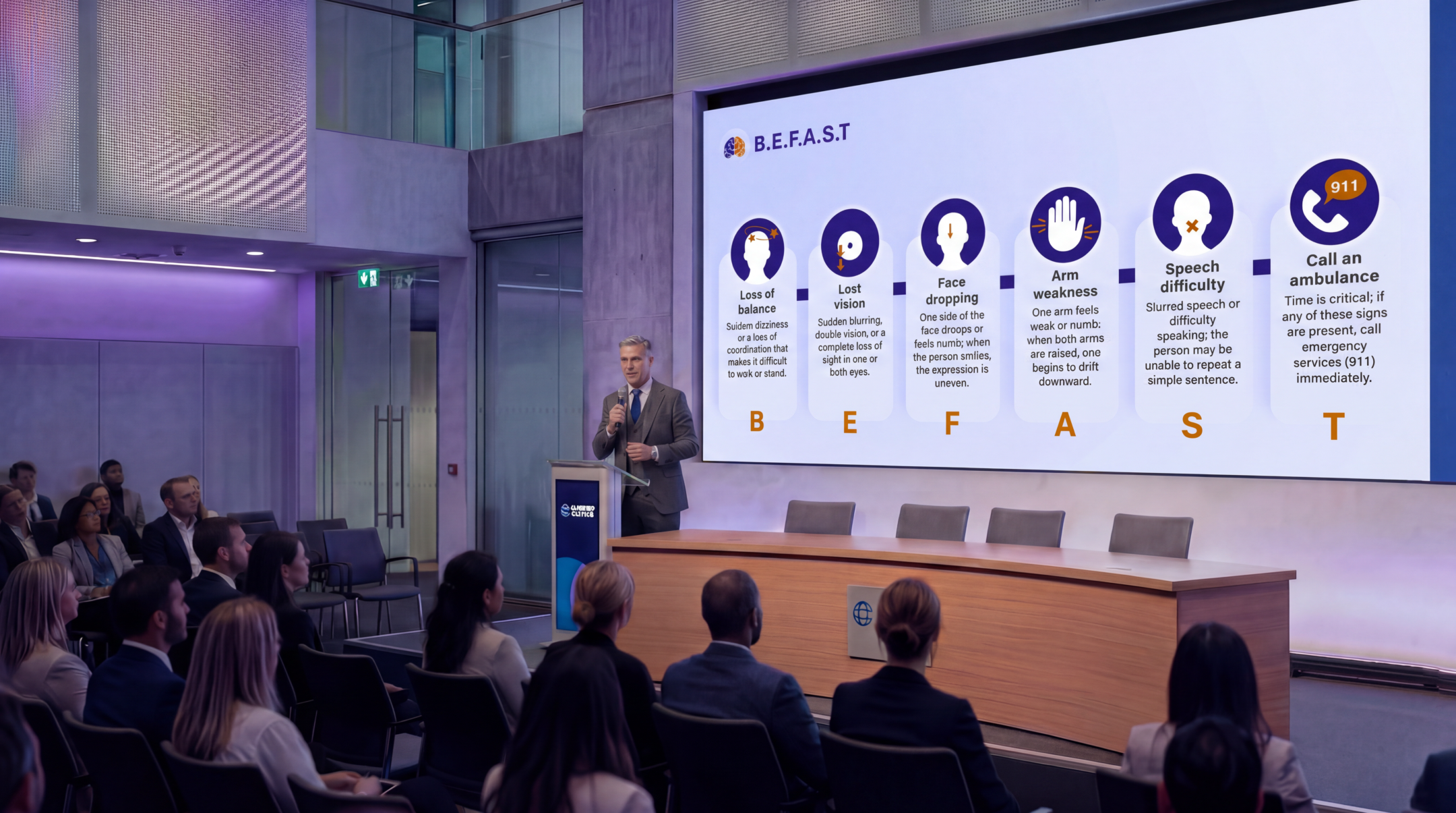 Medical presenter explaining the B.E.F.A.S.T. stroke recognition guideline using an editable Stroke Overview PowerPoint Template during a healthcare conference.