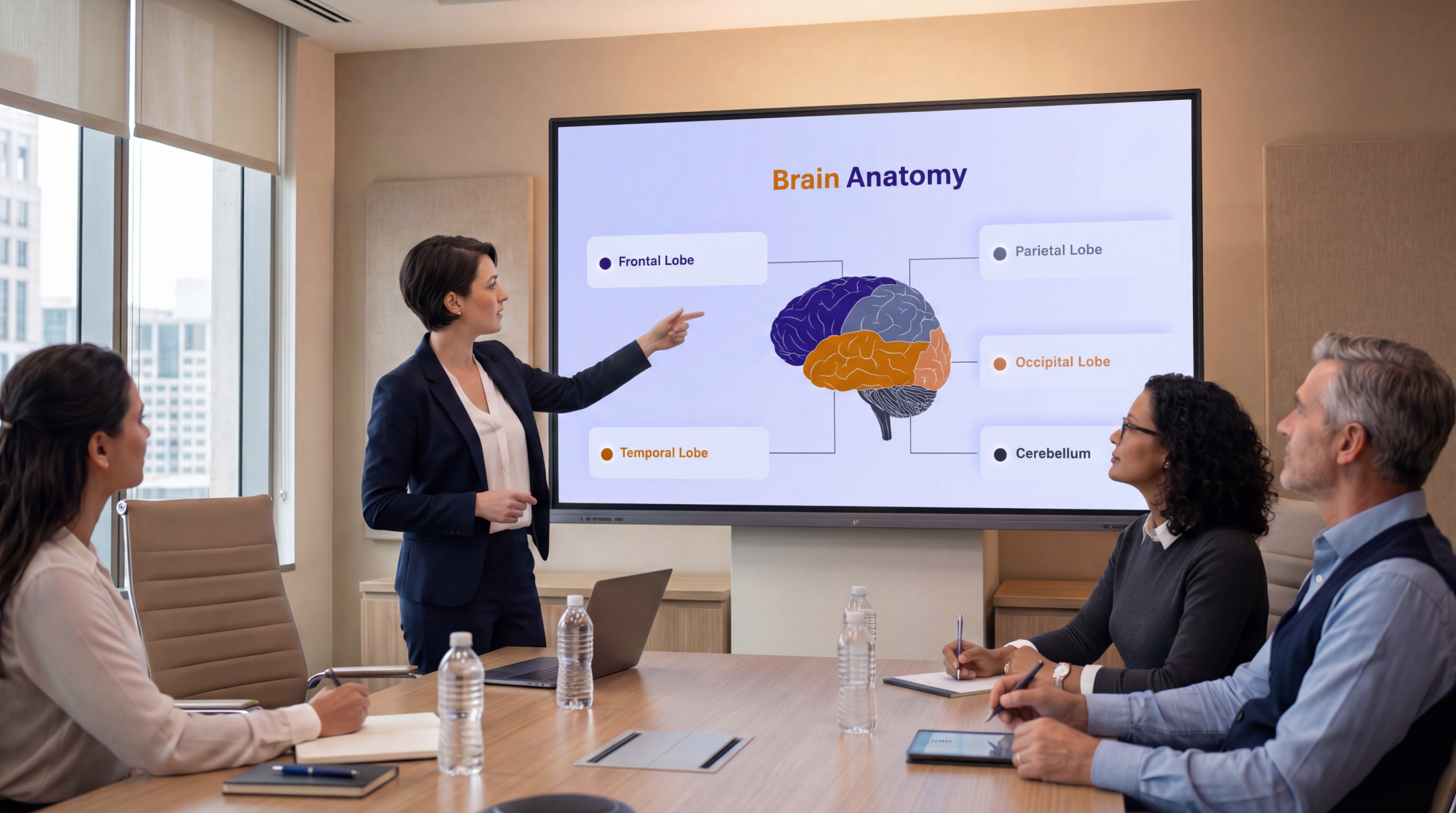 Healthcare educator presenting labeled brain anatomy using an editable Stroke Overview PowerPoint Template during a medical training session.